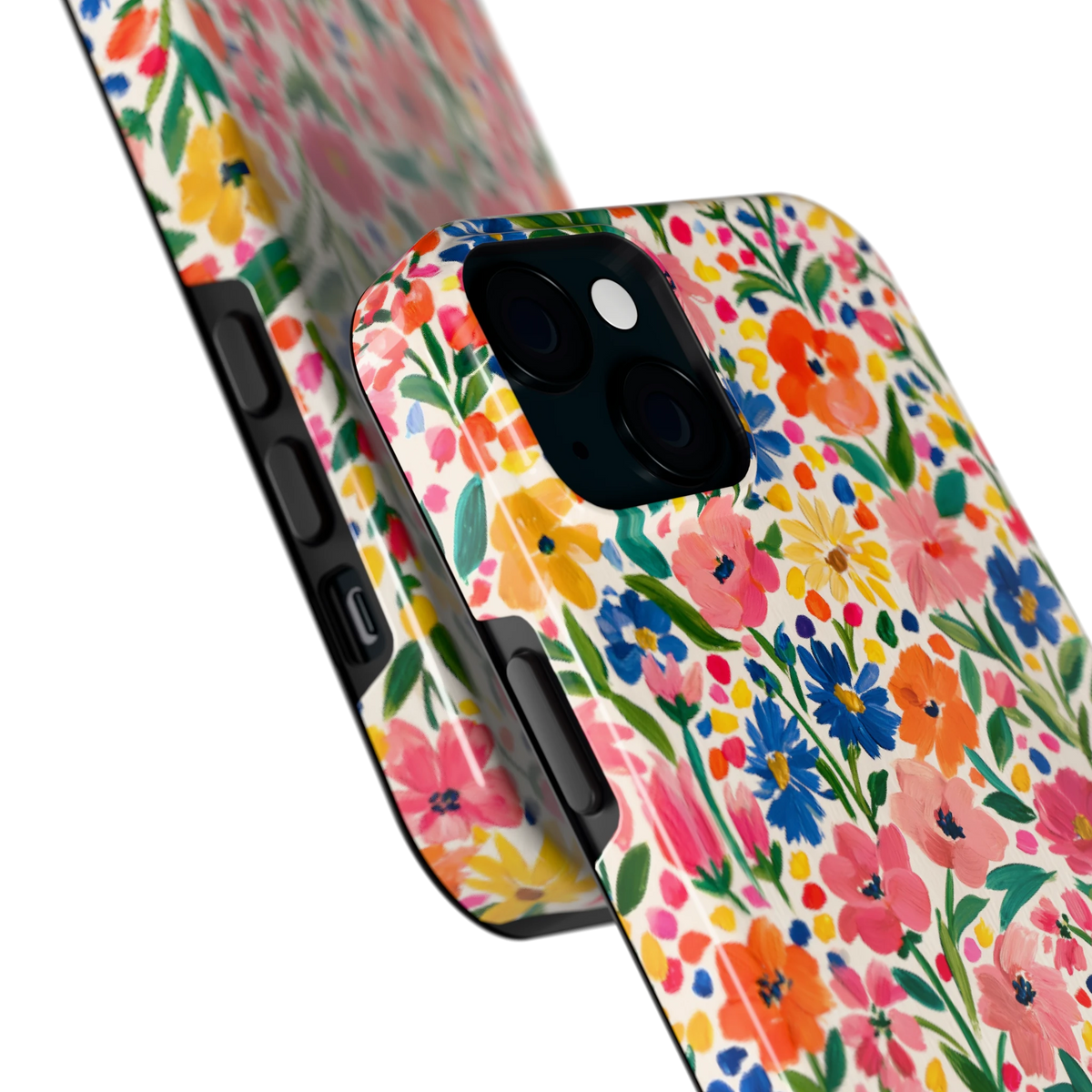 Geschilderd Bloemenveld hoesje voor iPhone 15 Plus, close-up