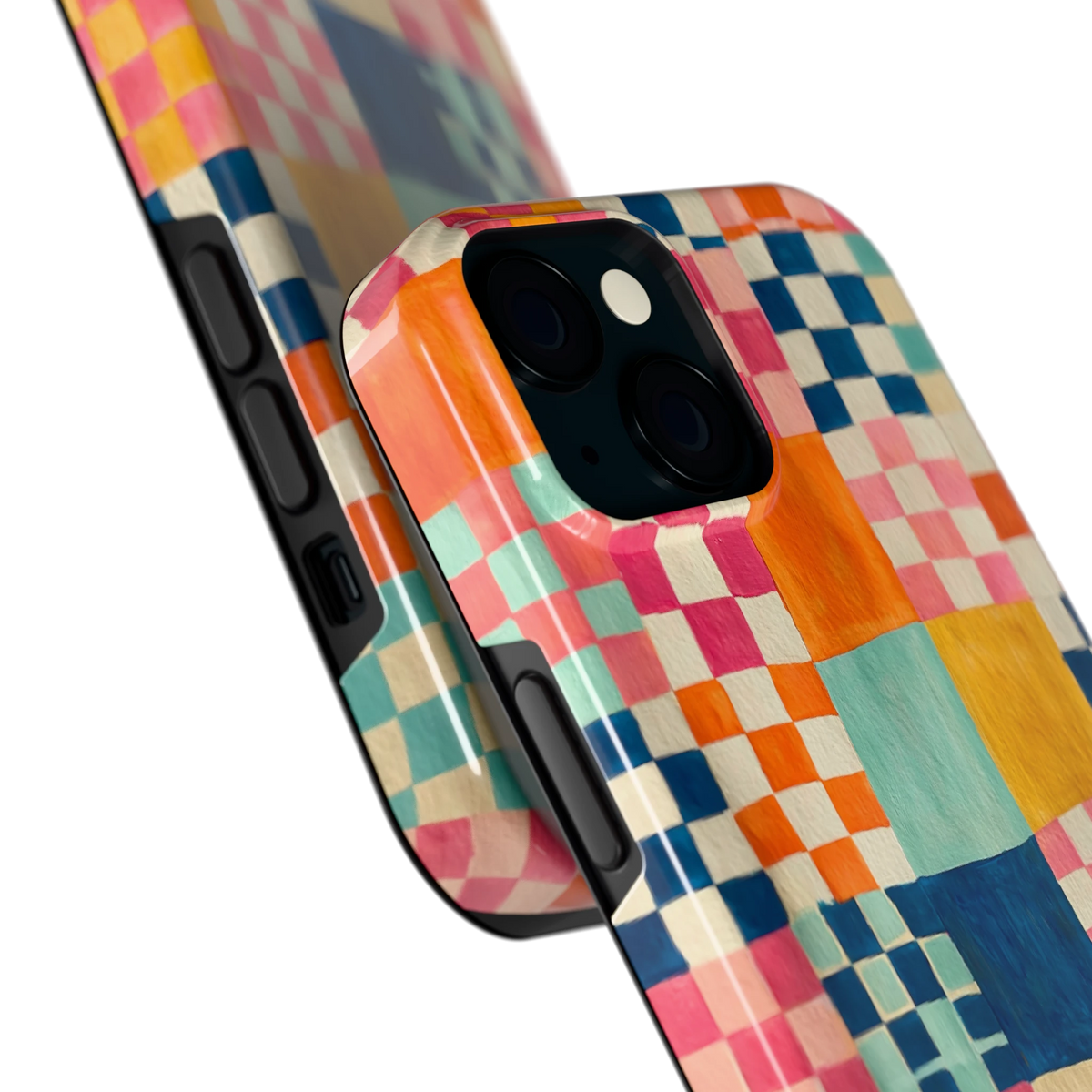 Geschilderd Patchwork hoesje voor iPhone 15, close-up