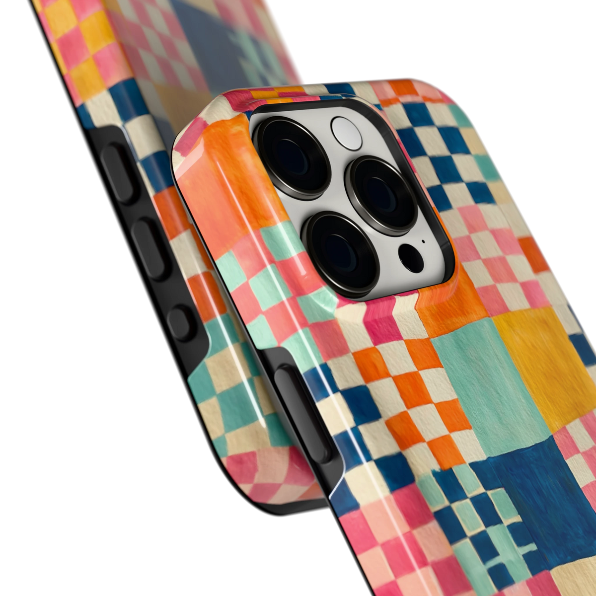 Geschilderd Patchwork hoesje voor iPhone 15 Pro, close-up