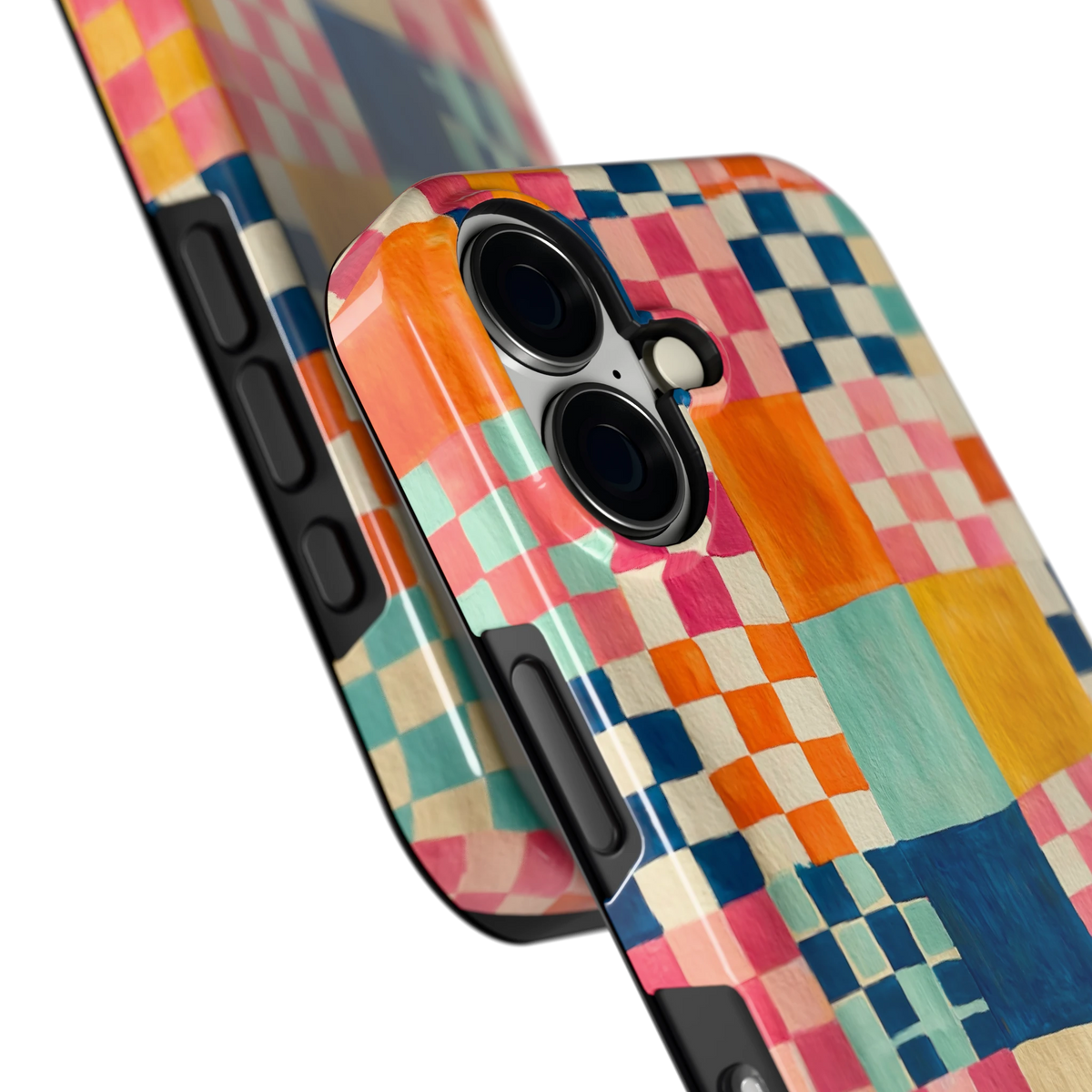 Geschilderd Patchwork hoesje voor iPhone 16, close-up