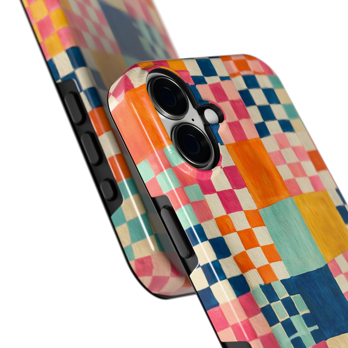 Geschilderd Patchwork hoesje voor iPhone 16 Plus, close-up