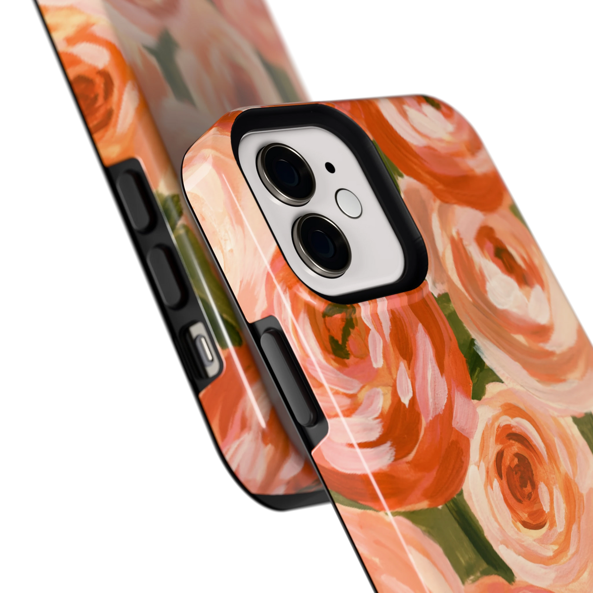 Geschilderde perzikrozen hoesje voor iPhone 12, close-up