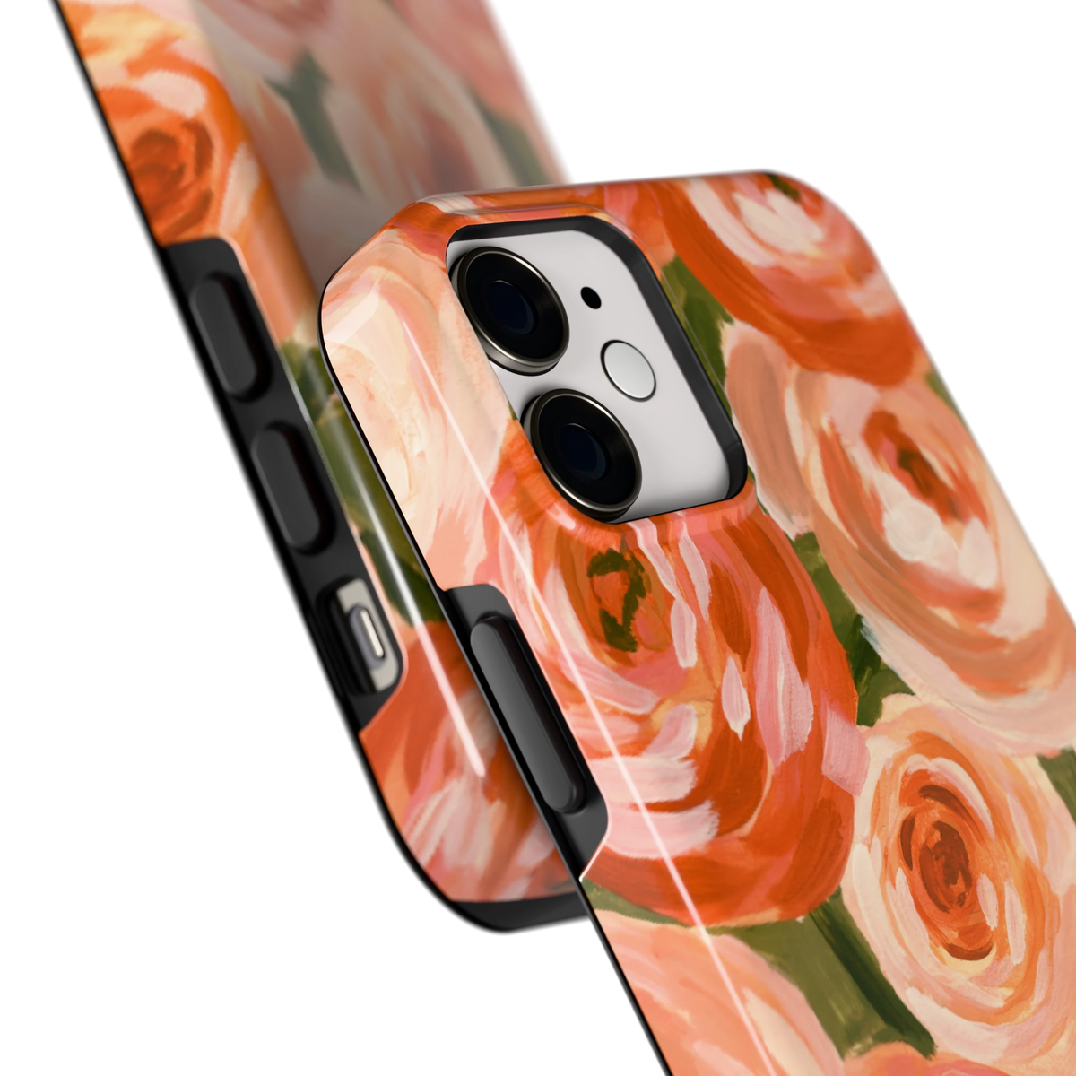 Geschilderde perzikrozen hoesje voor iPhone 12 mini, close-up