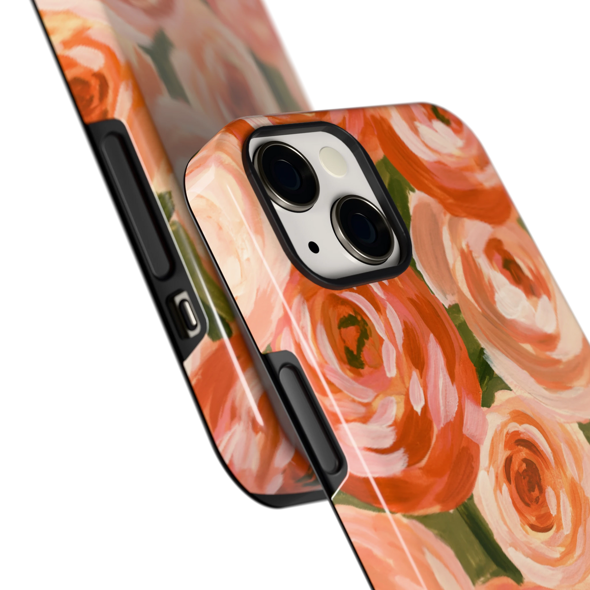 Geschilderde perzikrozen hoesje voor iPhone 13, close-up