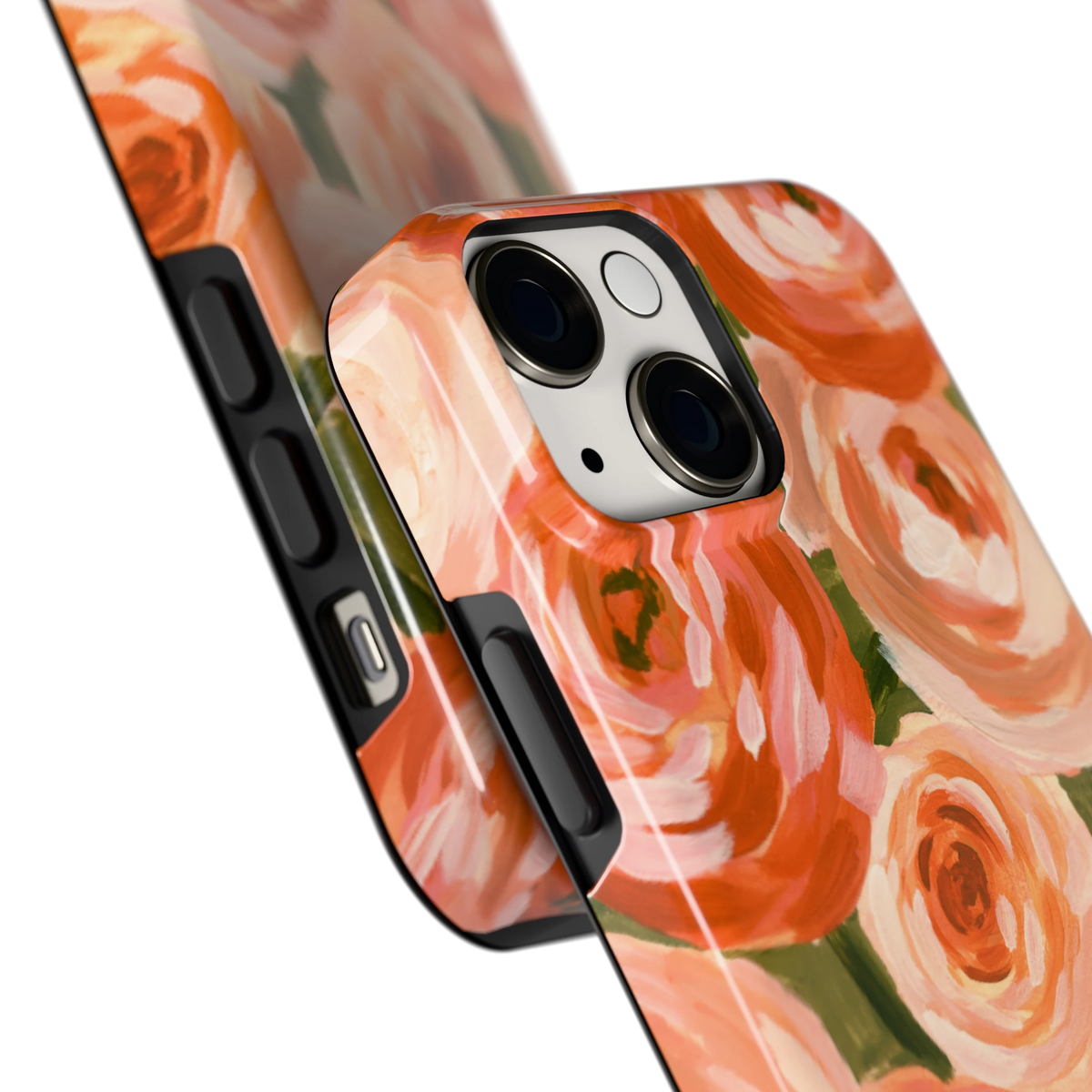 Geschilderde perzikrozen hoesje voor iPhone 13 mini, close-up