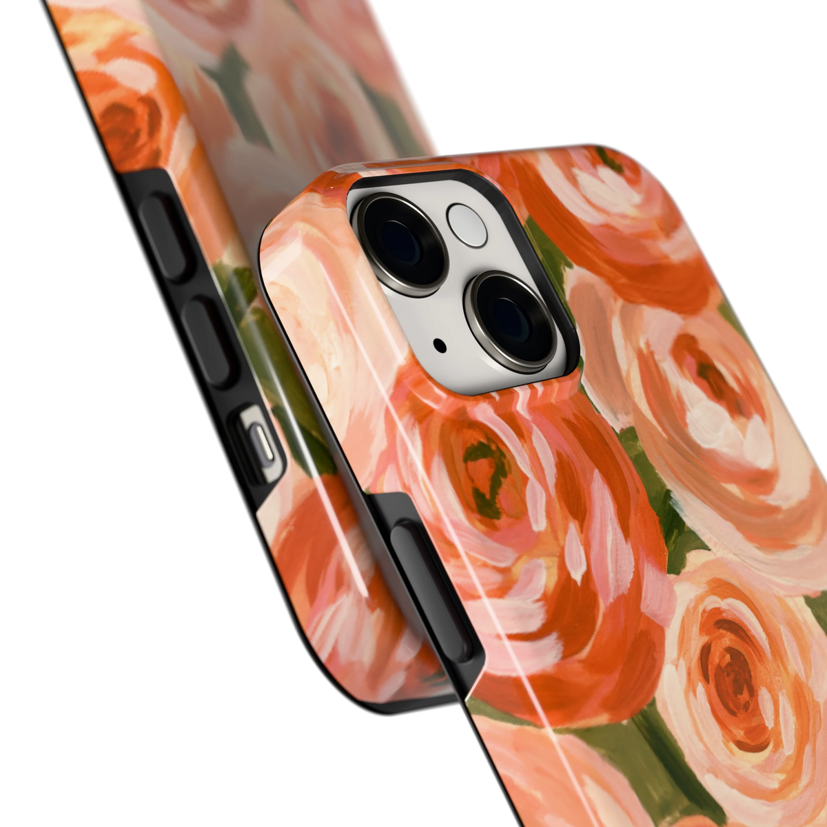 Geschilderde perzikrozen hoesje voor iPhone 14, close-up