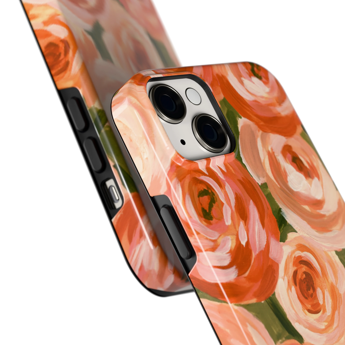 Geschilderde perzikrozen hoesje voor iPhone 14 Plus, close-up