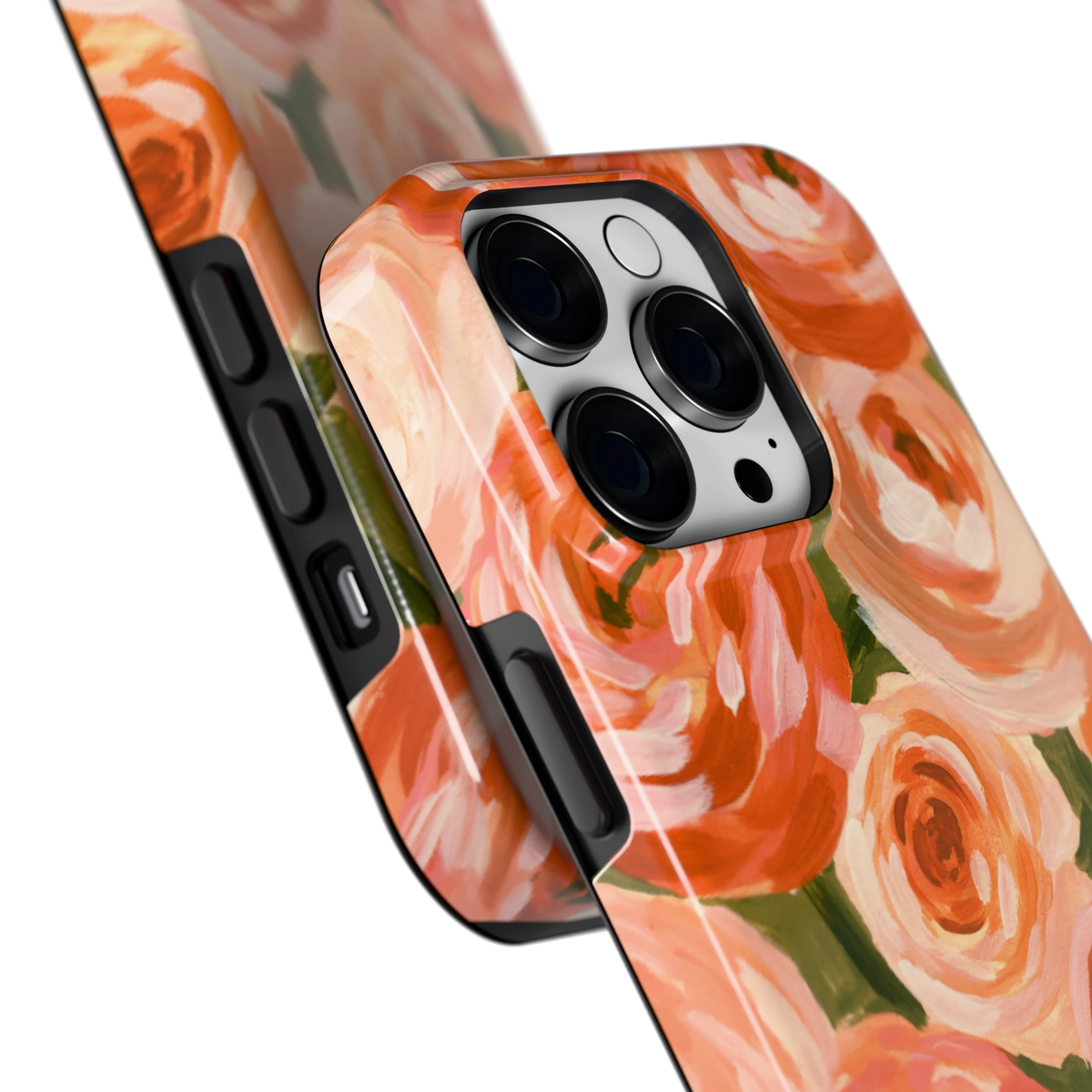 Geschilderde perzikrozen hoesje voor iPhone 14 Pro, close-up