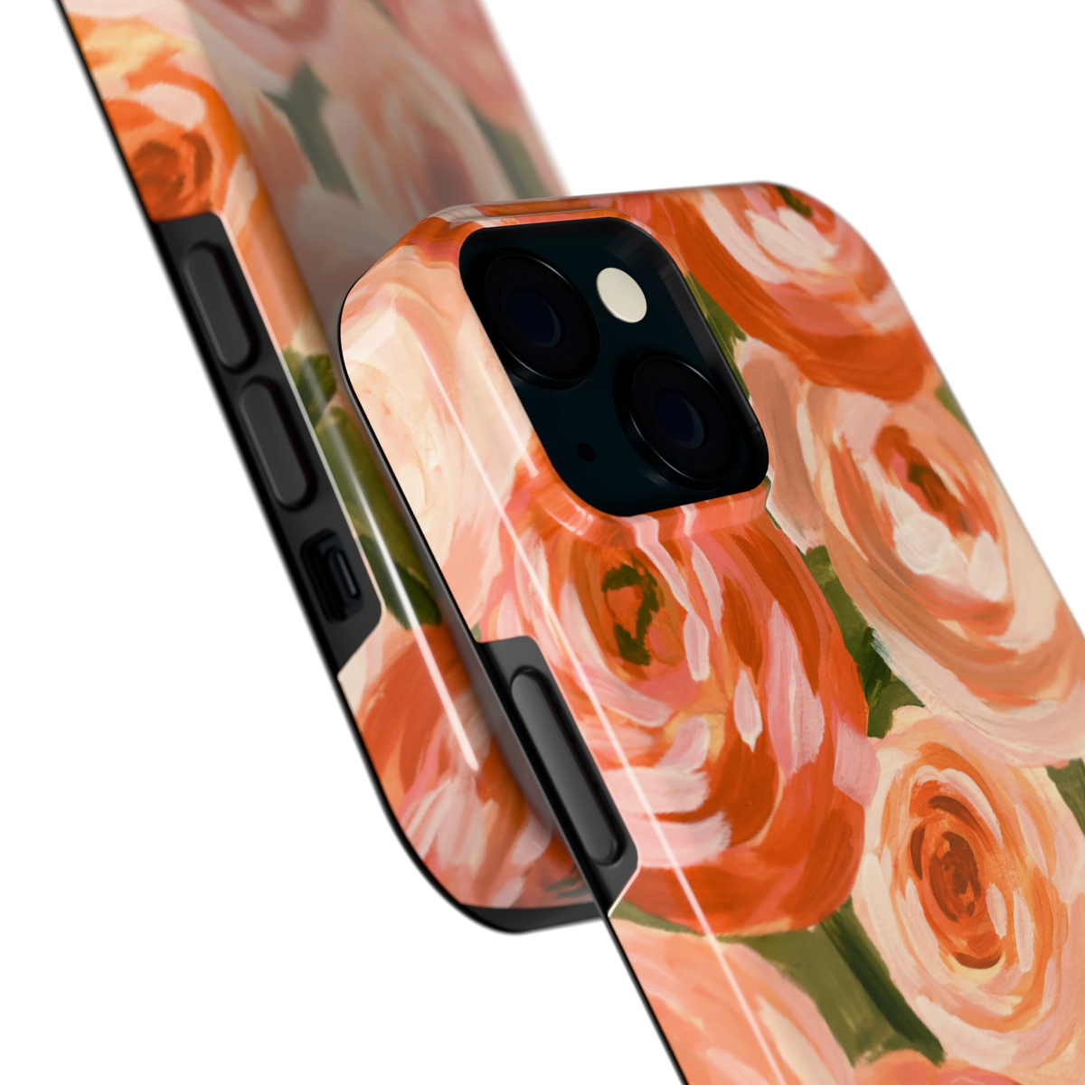 Geschilderde perzikrozen hoesje voor iPhone 15, close-up