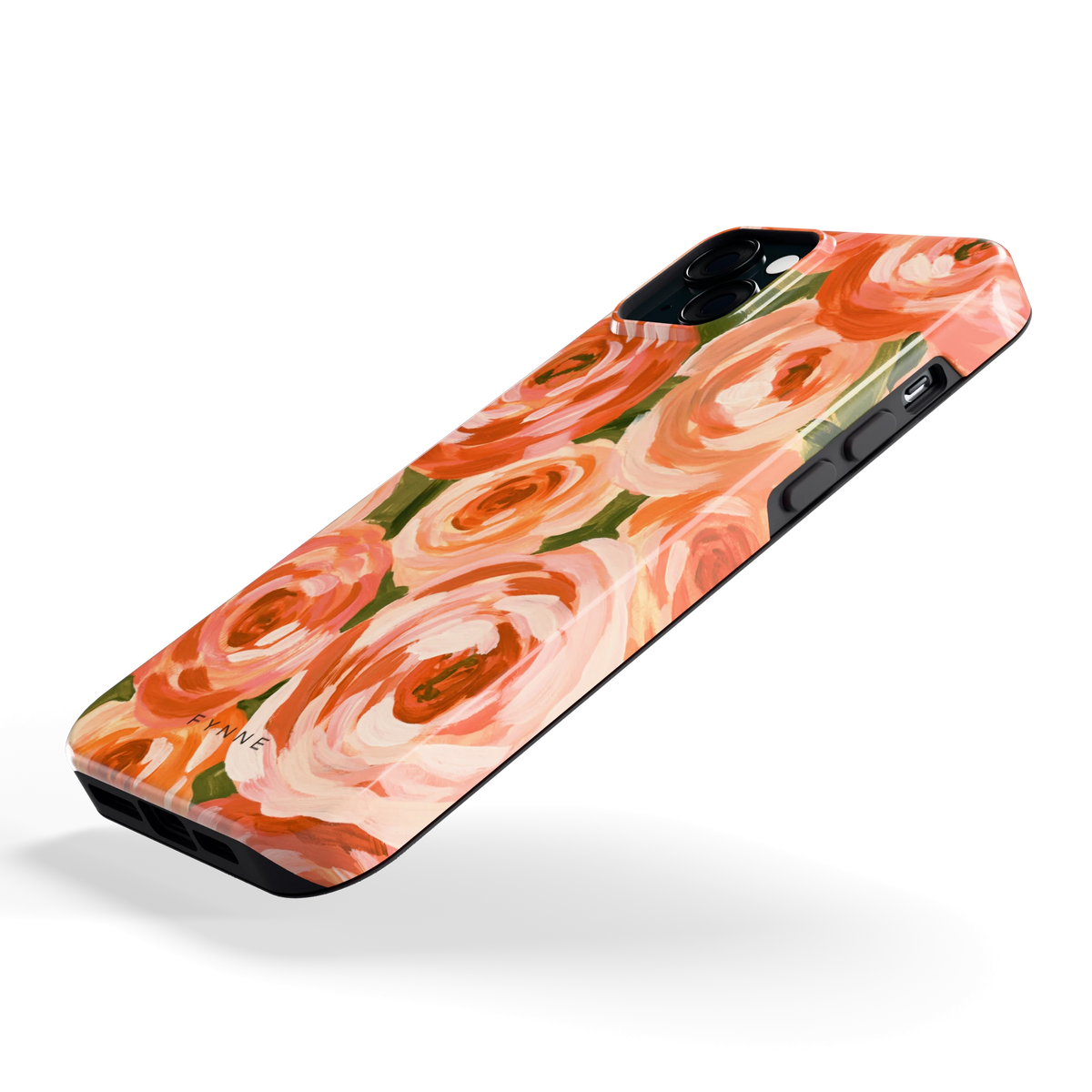 Geschilderde perzikrozen hoesje voor iPhone 15 Plus, schuin