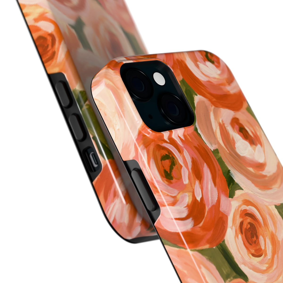 Geschilderde perzikrozen hoesje voor iPhone 15 Plus, close-up