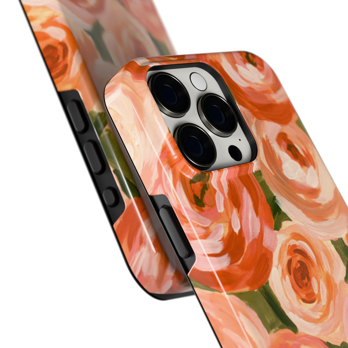 Geschilderde perzikrozen hoesje voor iPhone 15 Pro Max, close-up