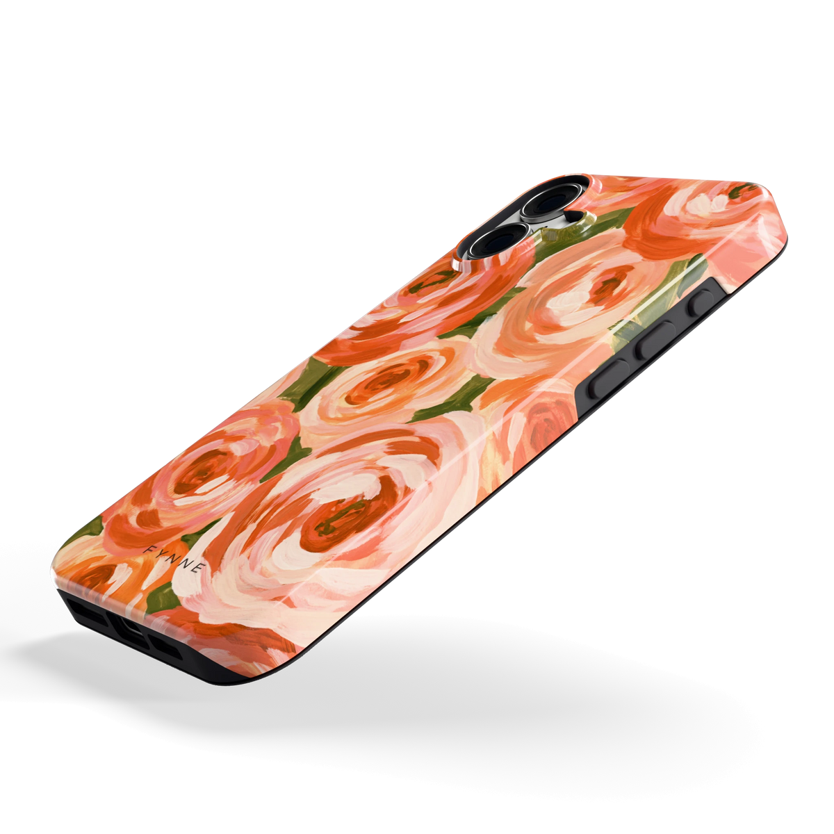 Geschilderde perzikrozen hoesje voor iPhone 16 Plus, schuin