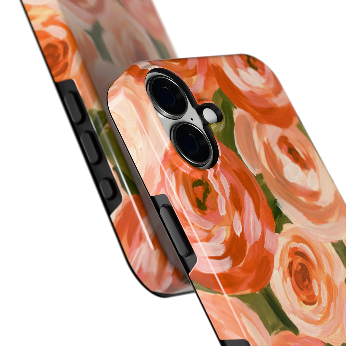 Geschilderde perzikrozen hoesje voor iPhone 16 Plus, close-up