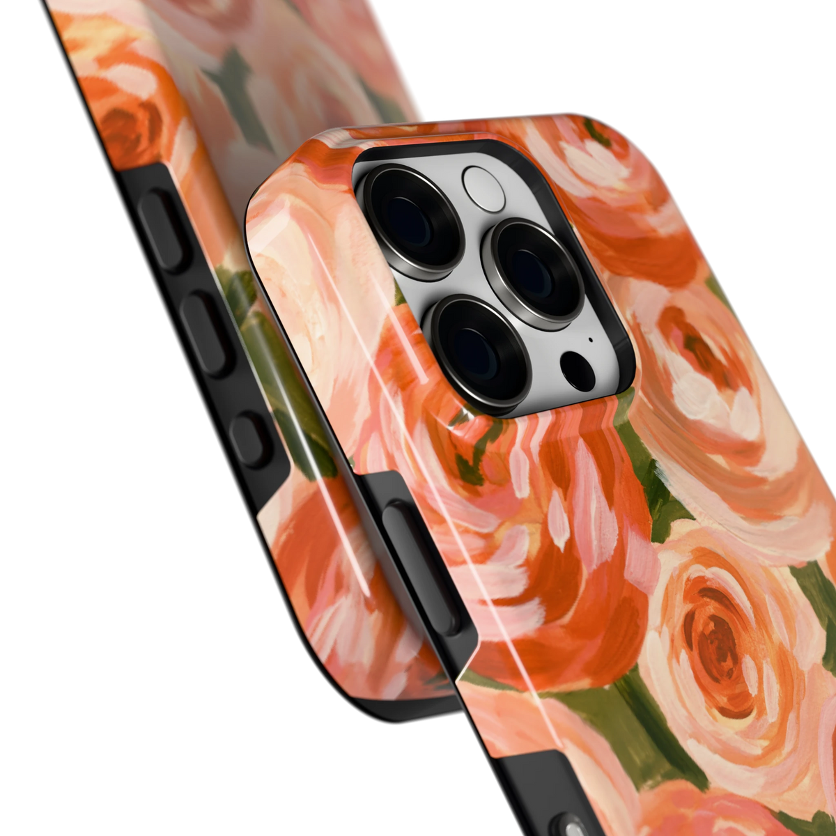 Geschilderde perzikrozen hoesje voor iPhone 16 Pro, close-up