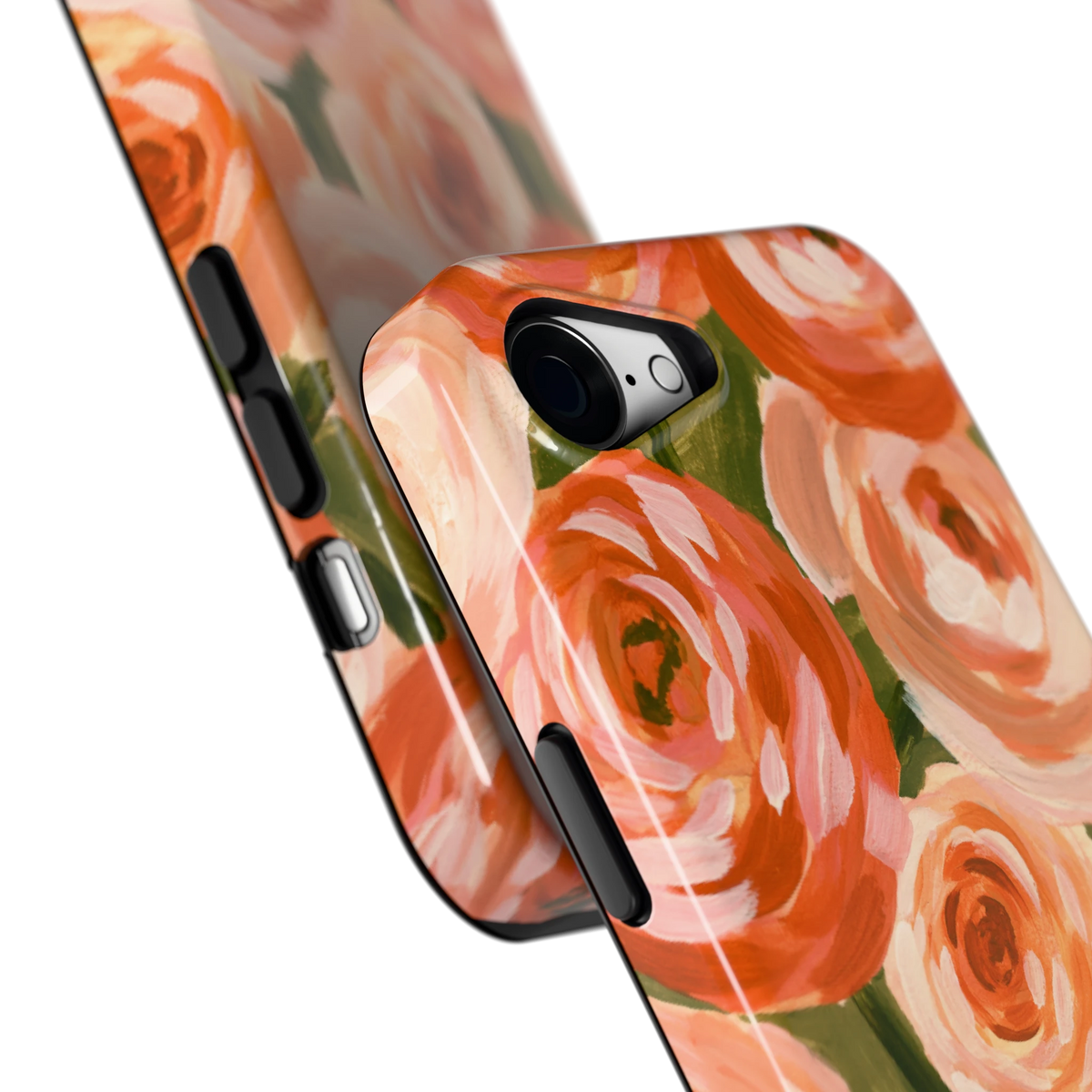 Geschilderde perzikrozen hoesje voor iPhone 16e, close-up