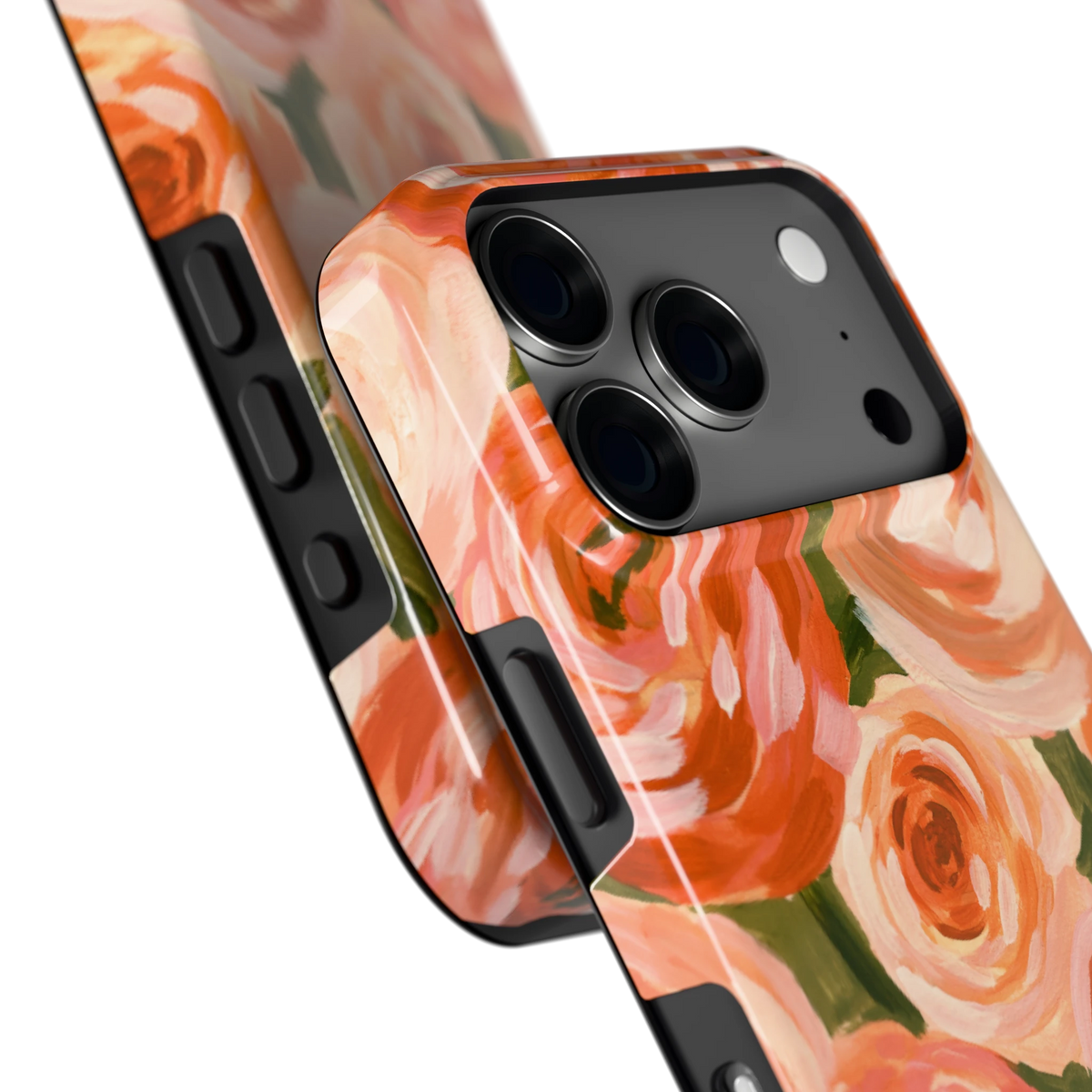 Geschilderde perzikrozen hoesje voor iPhone 18 Pro, close-up