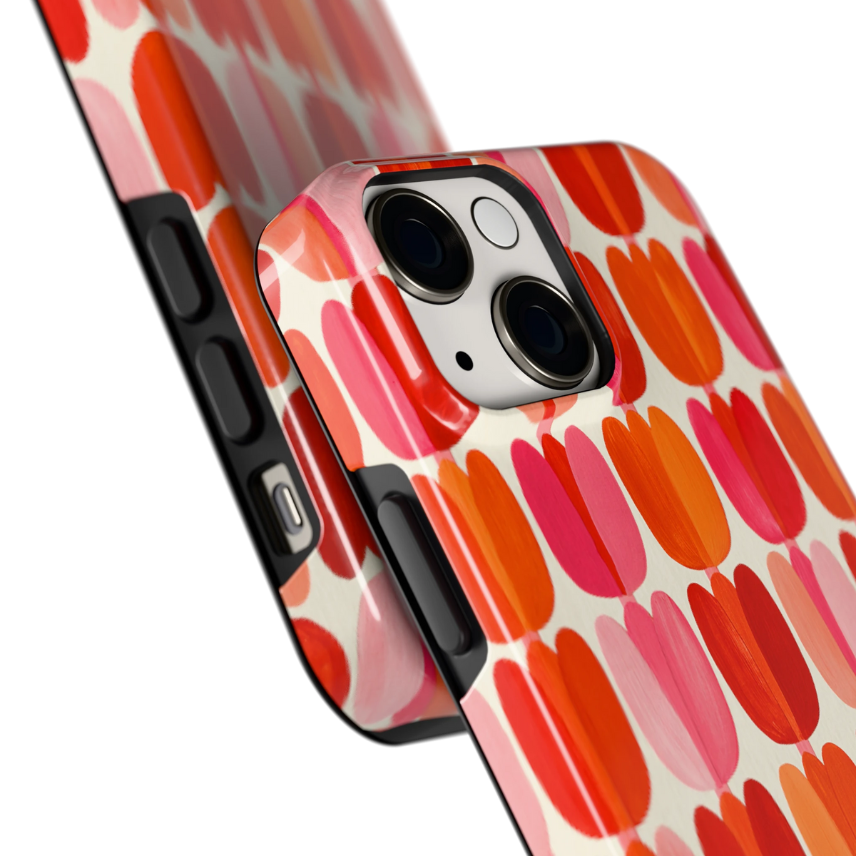 Geschilderde tulpenrijen hoesje voor iPhone 13 mini, close-up