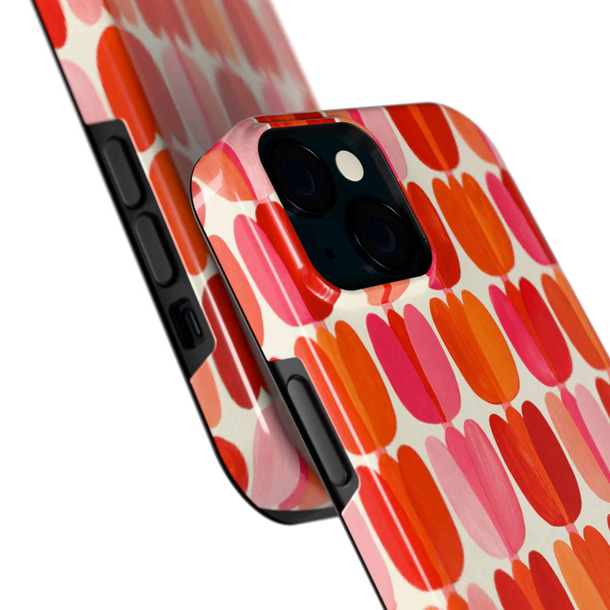 Geschilderde tulpenrijen hoesje voor iPhone 15, close-up