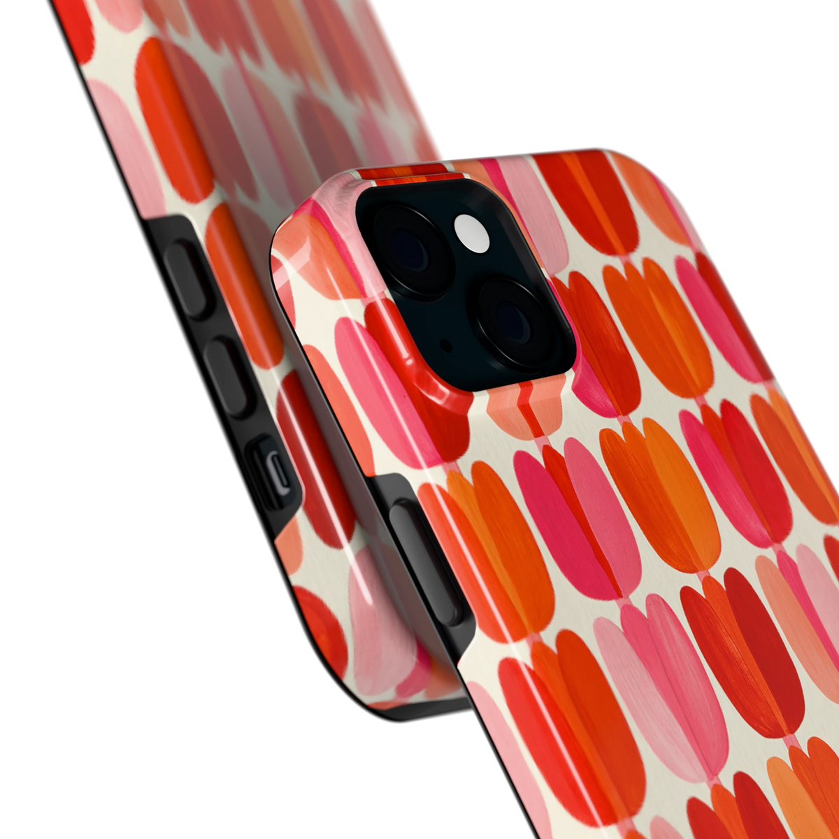 Geschilderde tulpenrijen hoesje voor iPhone 15 Plus, close-up