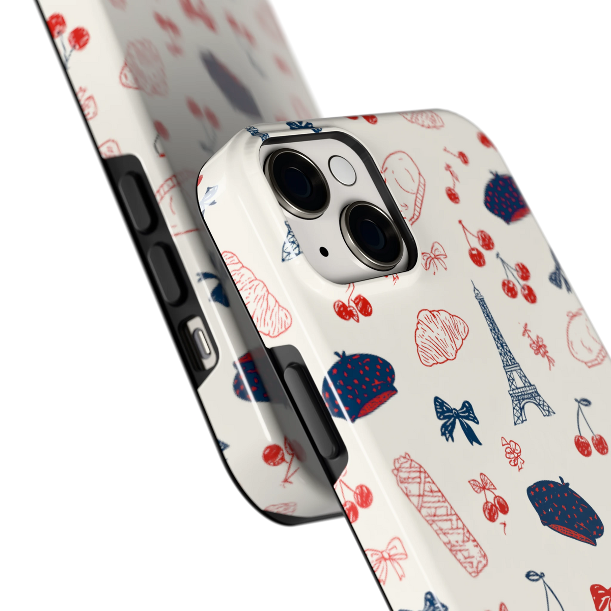 Parijse Doodles hoesje voor iPhone 14 Plus, close-up
