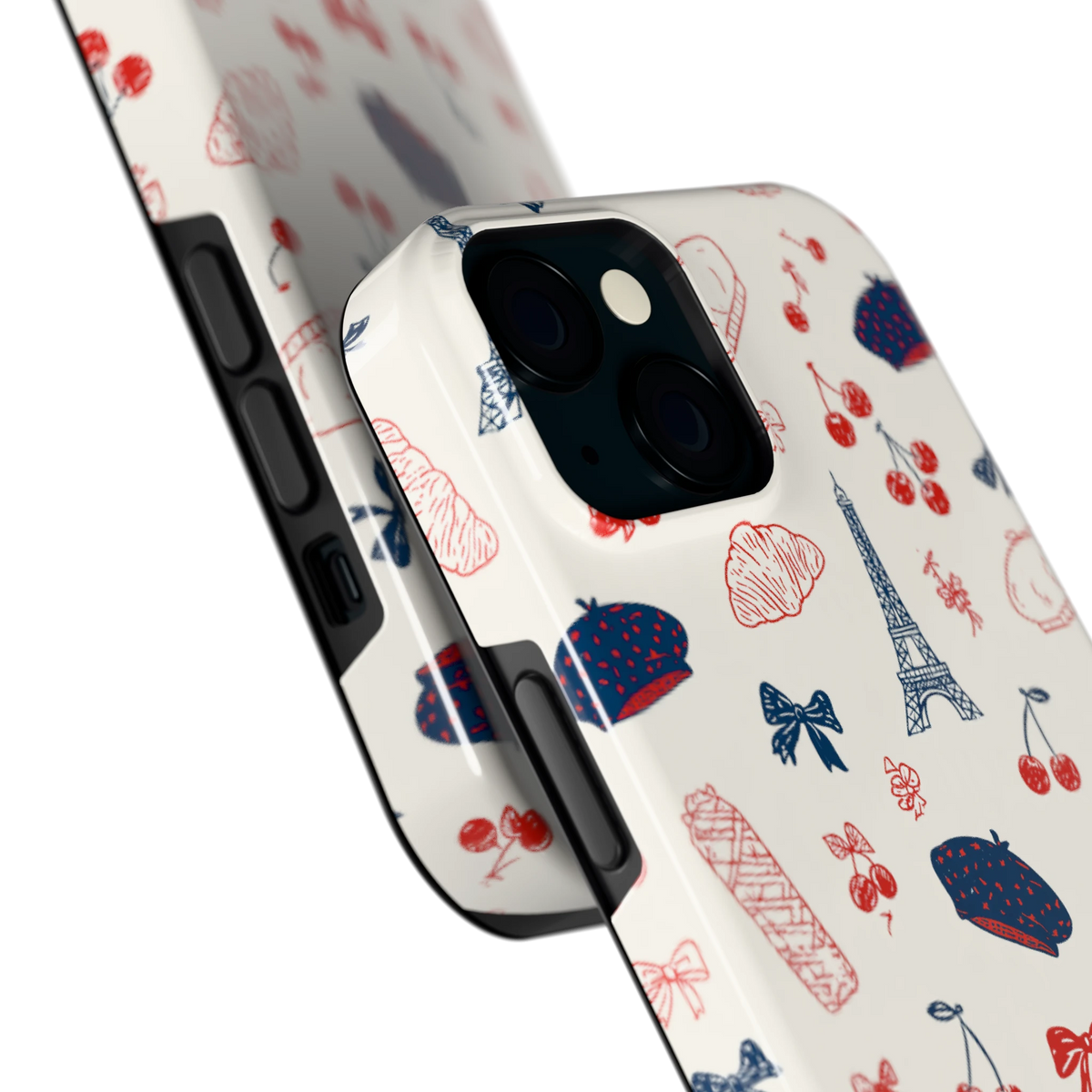 Parijse Doodles hoesje voor iPhone 15, close-up