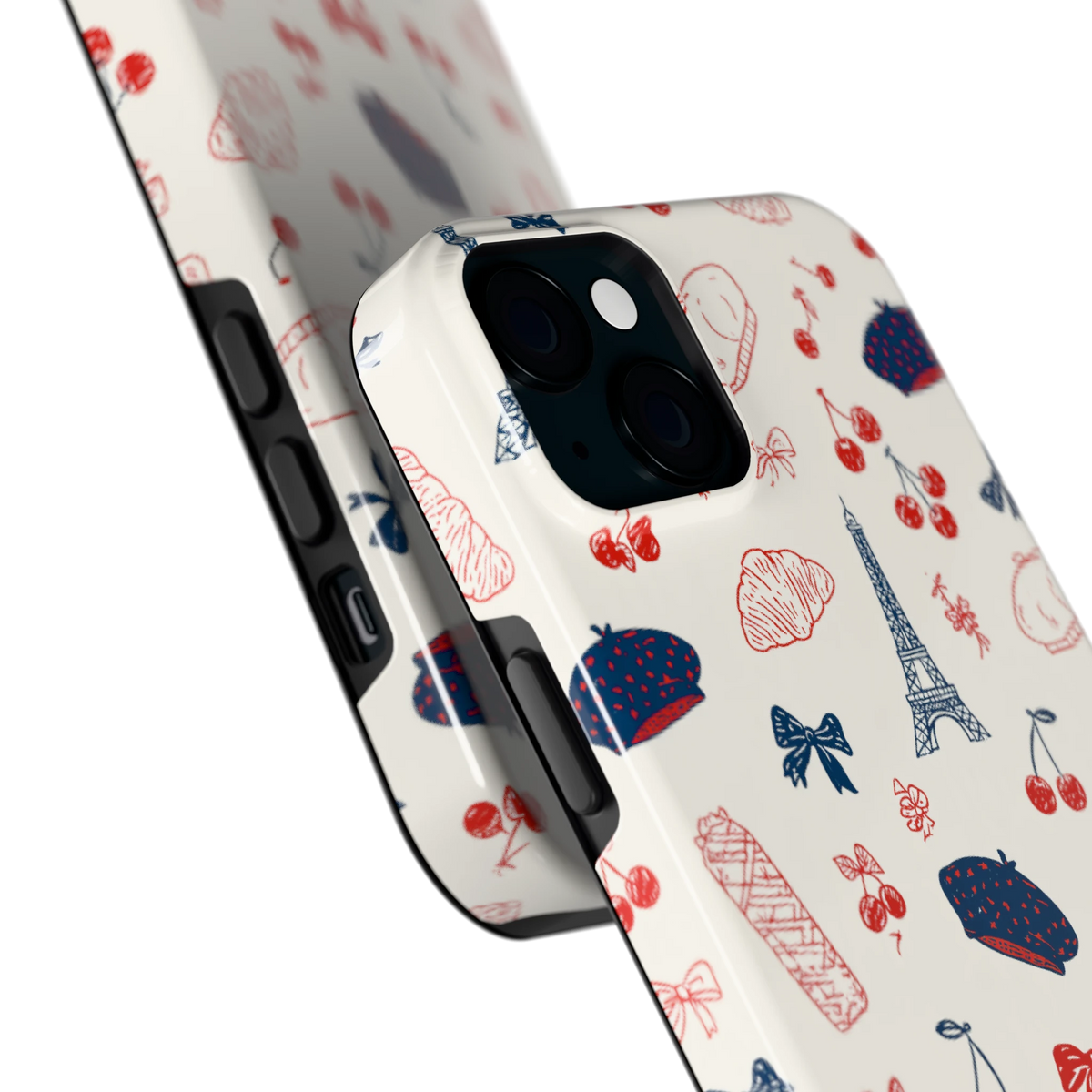 Parijse Doodles hoesje voor iPhone 15 Plus, close-up