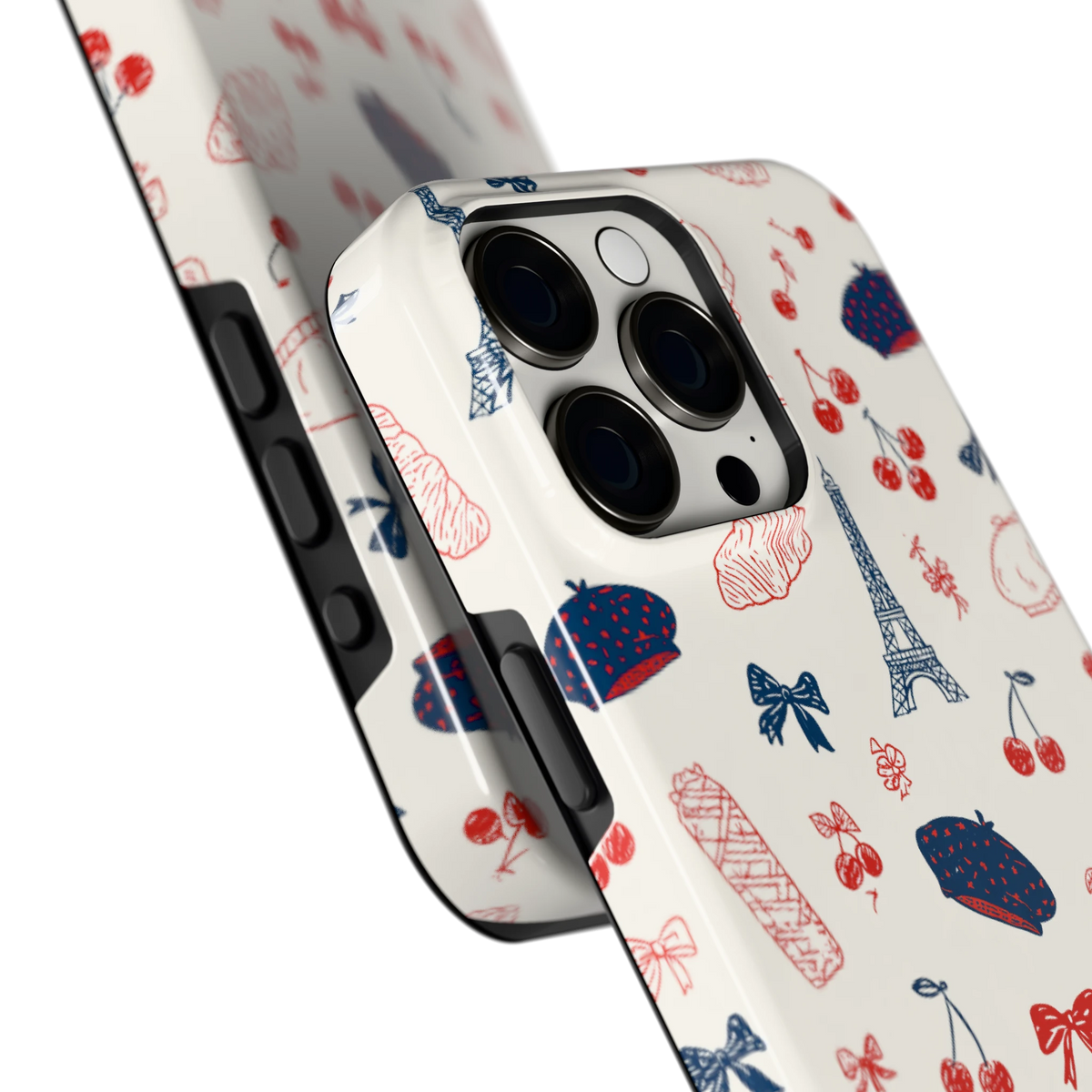 Parijse Doodles hoesje voor iPhone 15 Pro Max, close-up