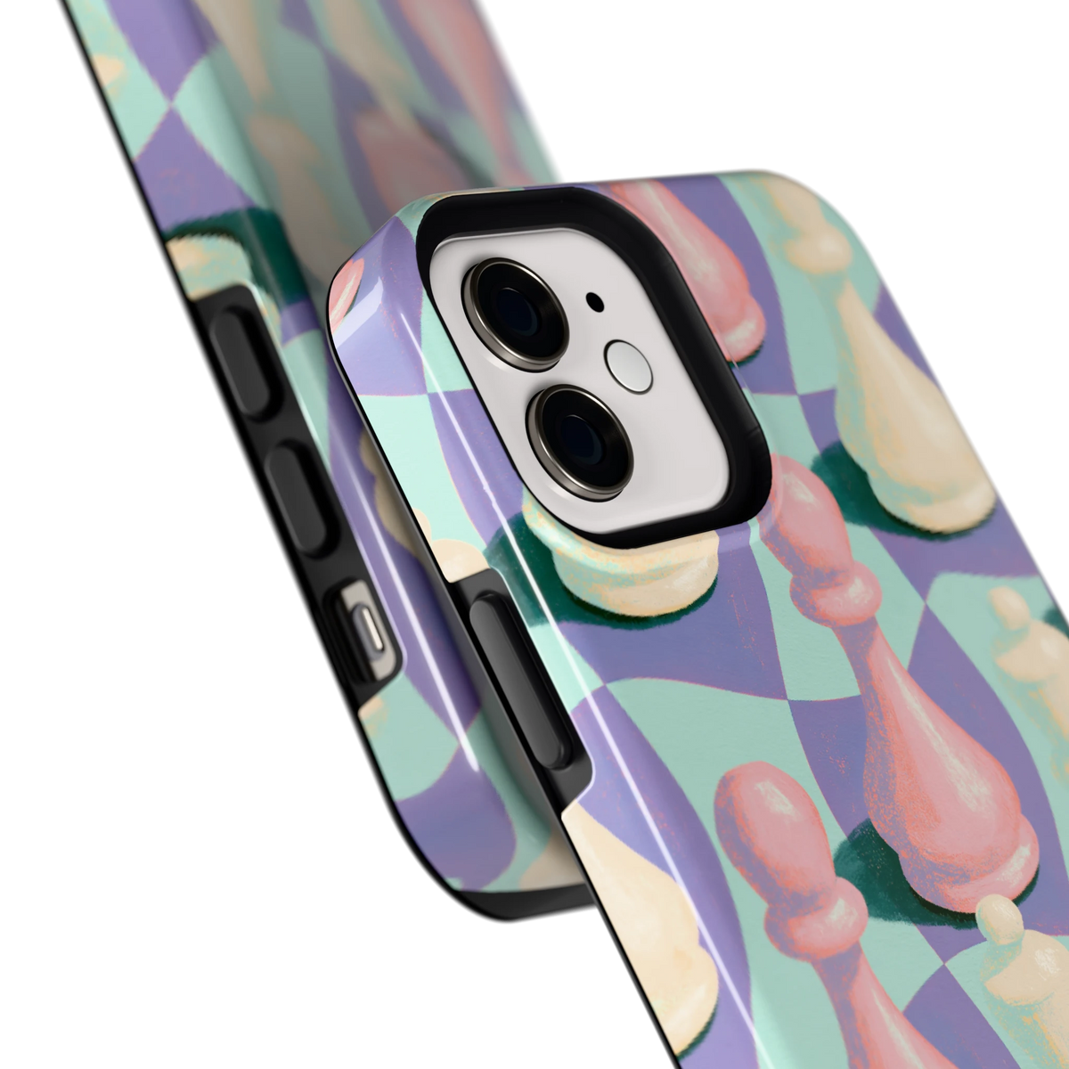 Pastel Schaakstukken hoesje voor iPhone 12, close-up