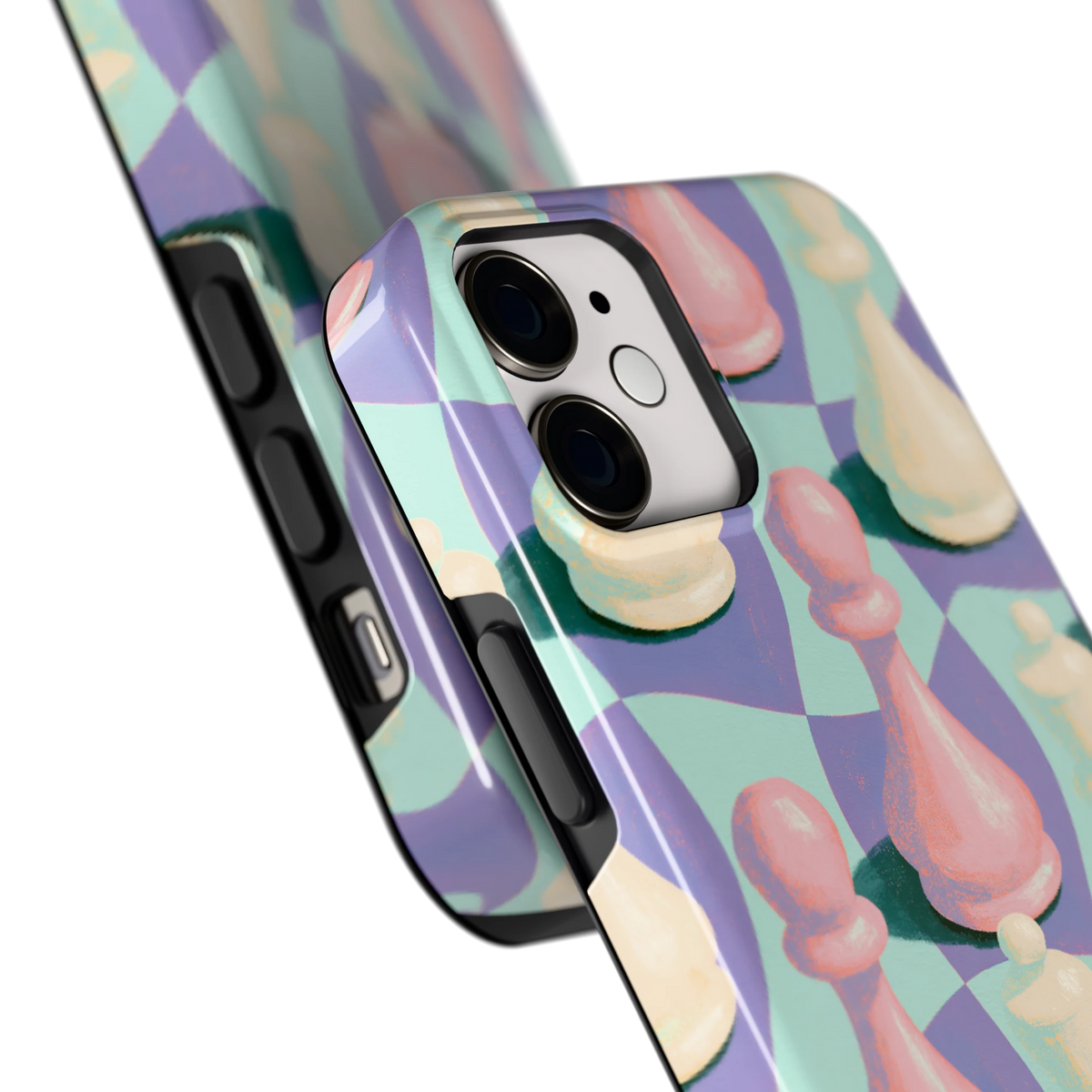 Pastel Schaakstukken hoesje voor iPhone 12 mini, close-up