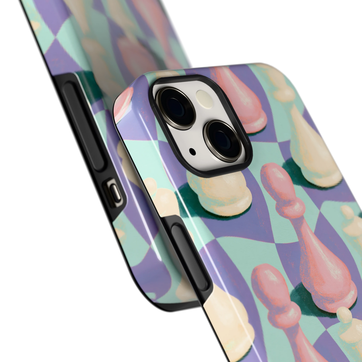 Pastel Schaakstukken hoesje voor iPhone 13, close-up