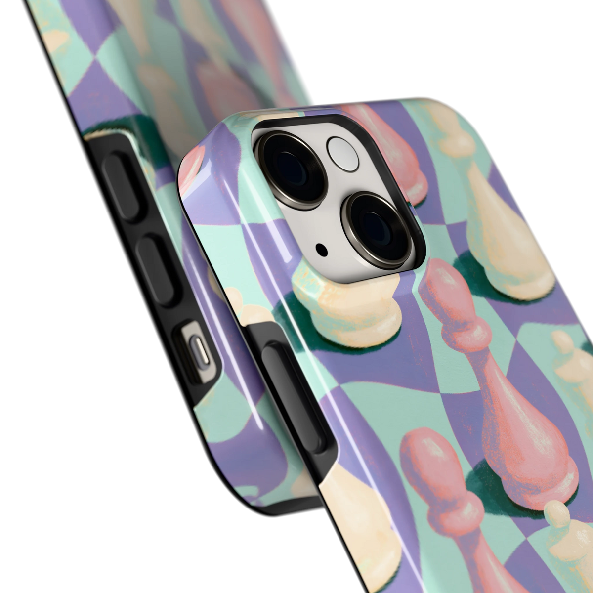 Pastel Schaakstukken hoesje voor iPhone 13 mini, close-up