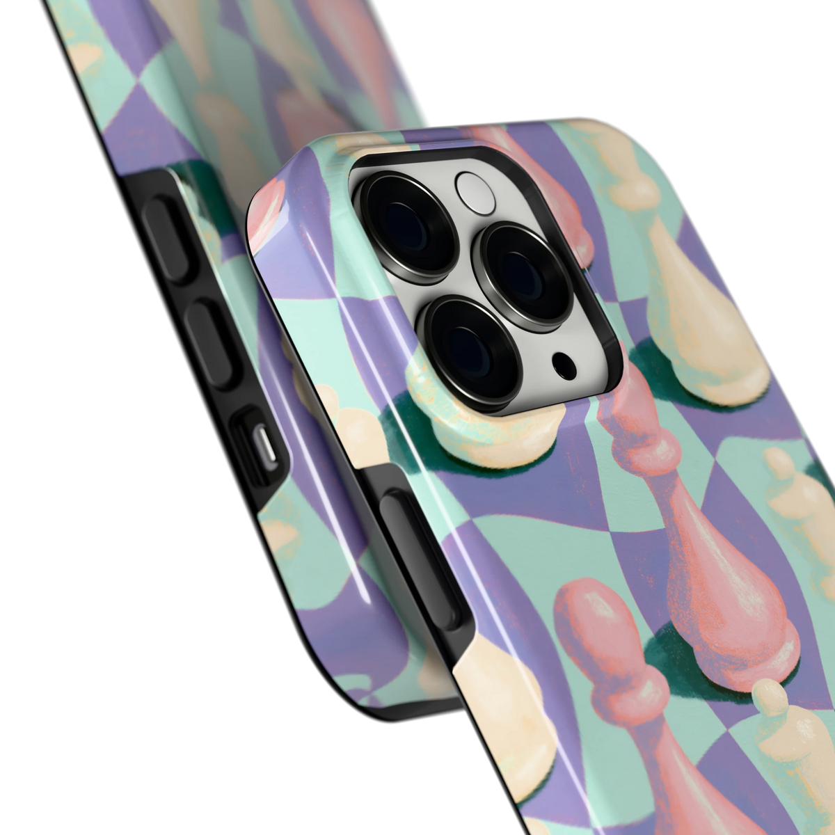 Pastel Schaakstukken hoesje voor iPhone 13 Pro, close-up