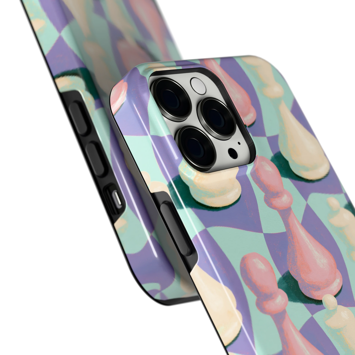 Pastel Schaakstukken hoesje voor iPhone 13 Pro Max, close-up