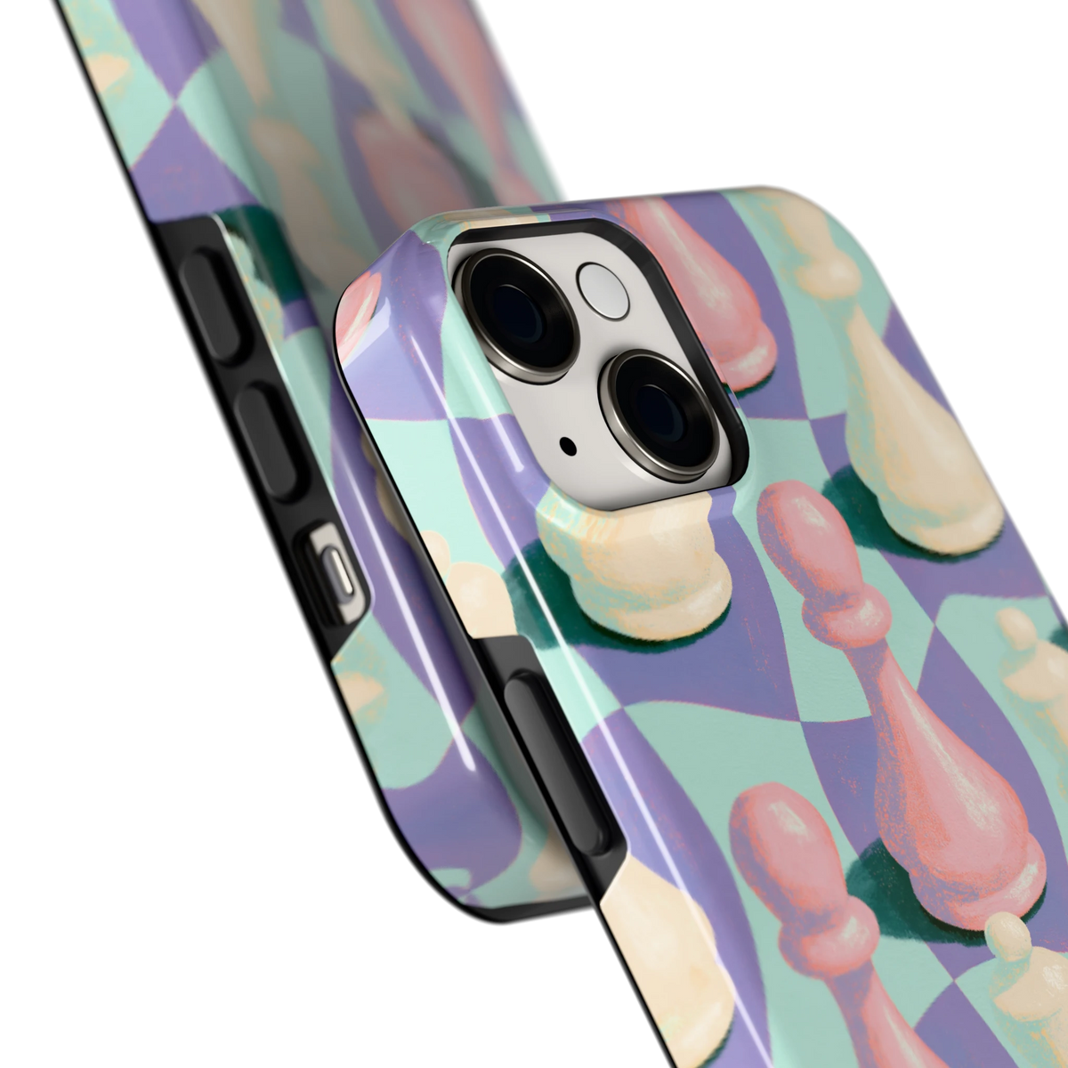Pastel Schaakstukken hoesje voor iPhone 14, close-up