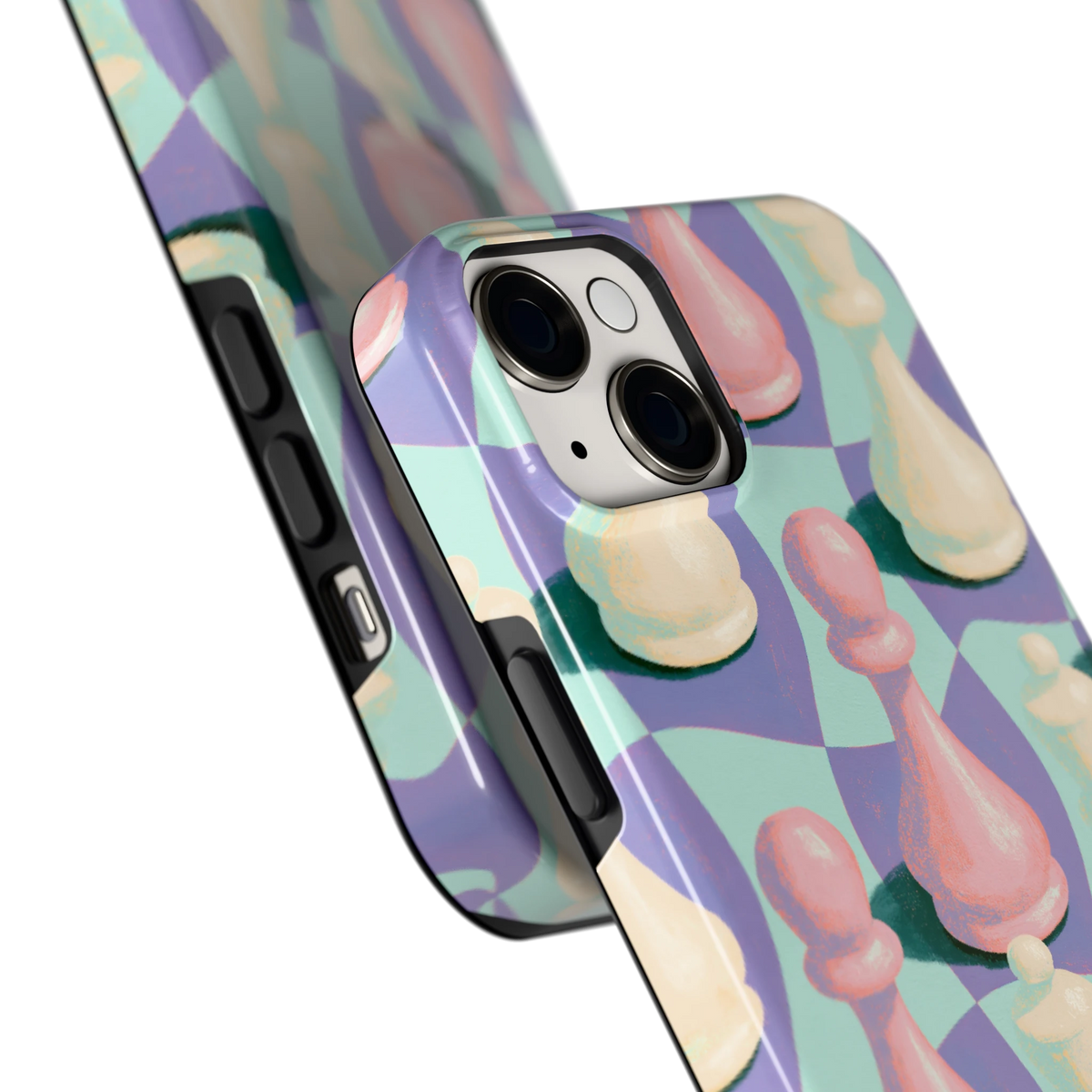 Pastel Schaakstukken hoesje voor iPhone 14 Plus, close-up