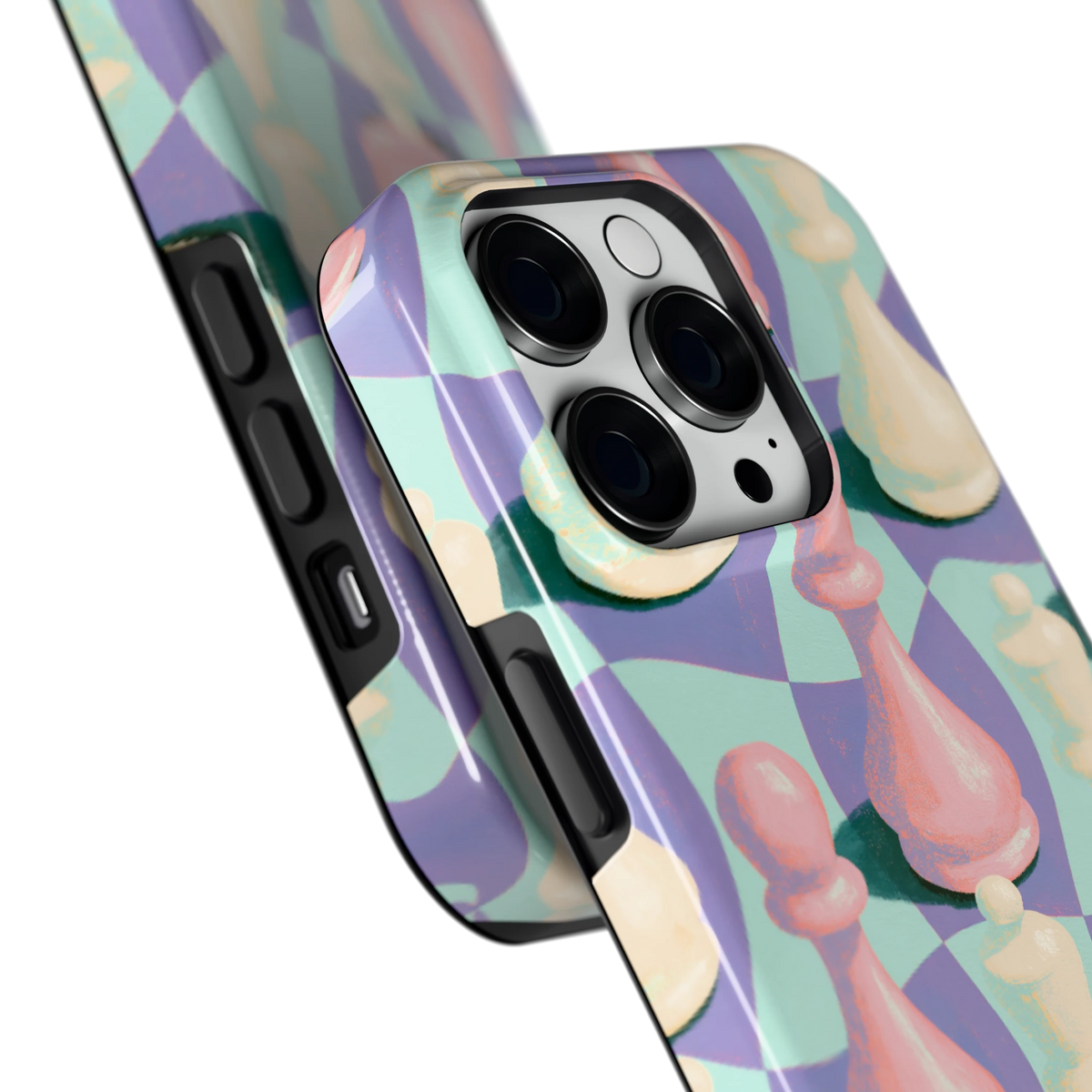 Pastel Schaakstukken hoesje voor iPhone 14 Pro, close-up