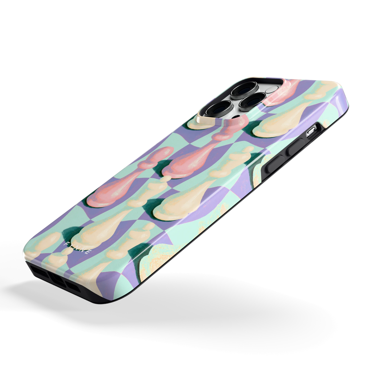 Pastel Schaakstukken hoesje voor iPhone 14 Pro Max, schuin