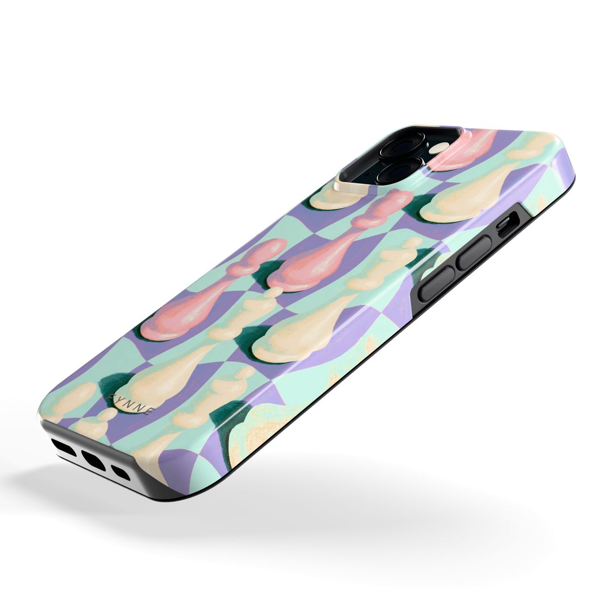 Pastel Schaakstukken hoesje voor iPhone 15, schuin