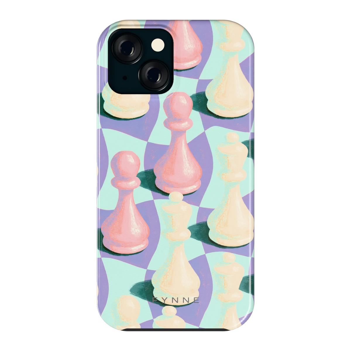 Pastel Schaakstukken hoesje voor iPhone 15, achterkant