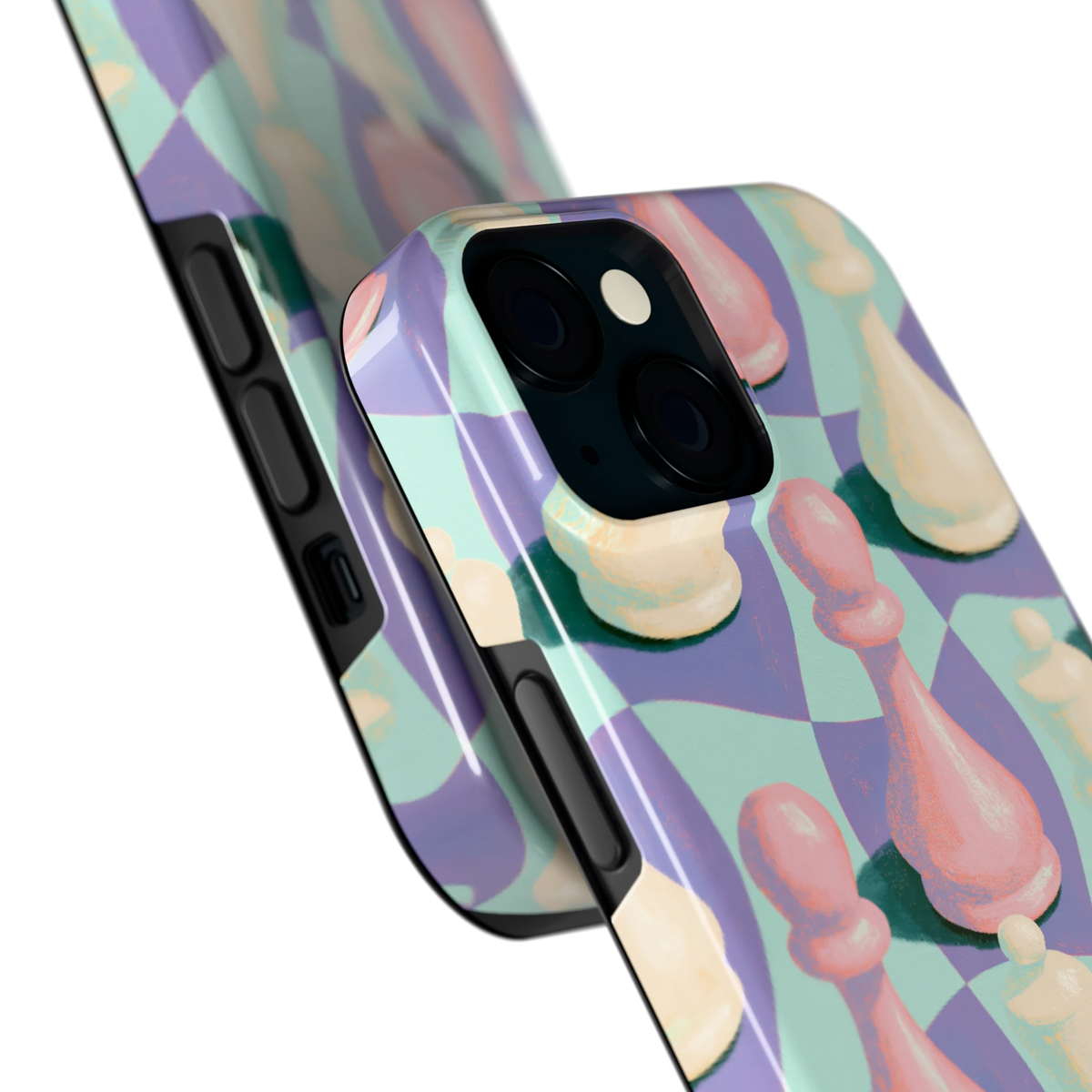 Pastel Schaakstukken hoesje voor iPhone 15, close-up