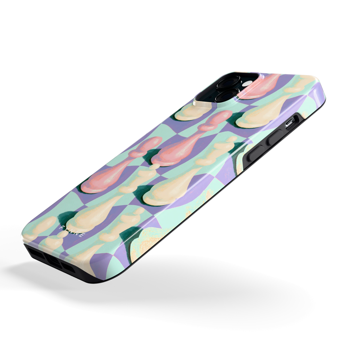 Pastel Schaakstukken hoesje voor iPhone 15 Plus, schuin
