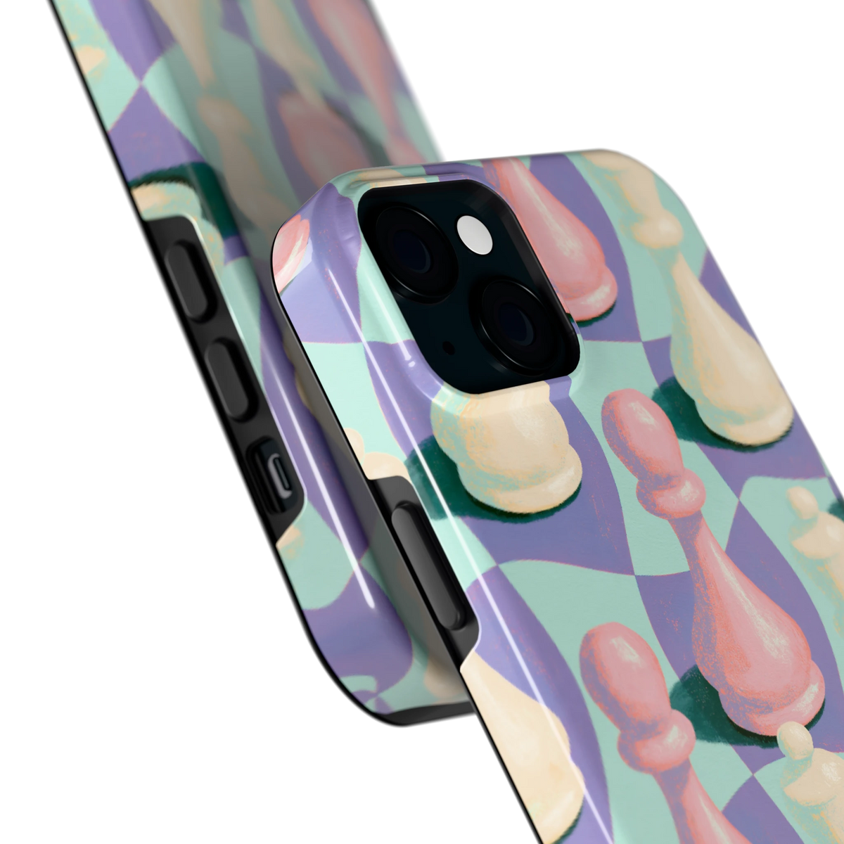 Pastel Schaakstukken hoesje voor iPhone 15 Plus, close-up