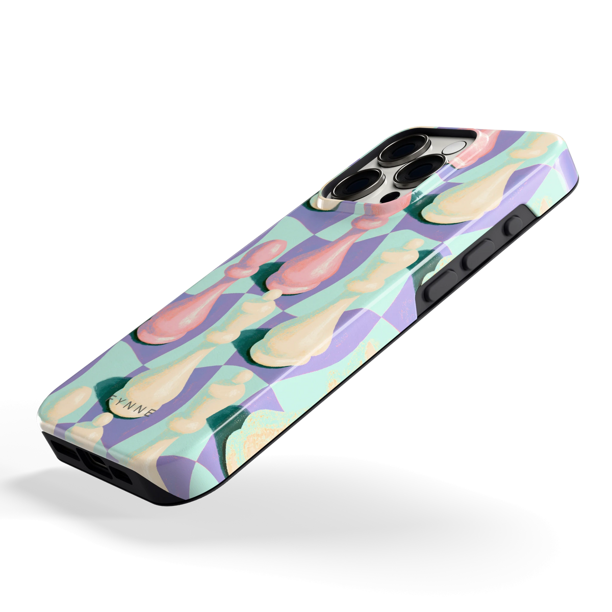 Pastel Schaakstukken hoesje voor iPhone 15 Pro, schuin