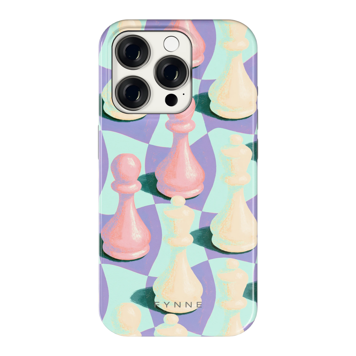Pastel Schaakstukken hoesje voor iPhone 15 Pro, achterkant