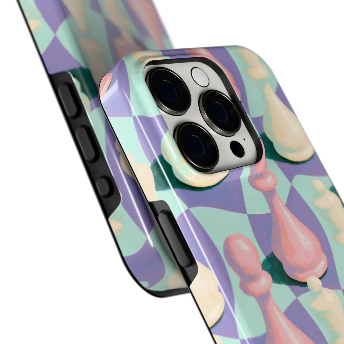 Pastel Schaakstukken hoesje voor iPhone 15 Pro, close-up