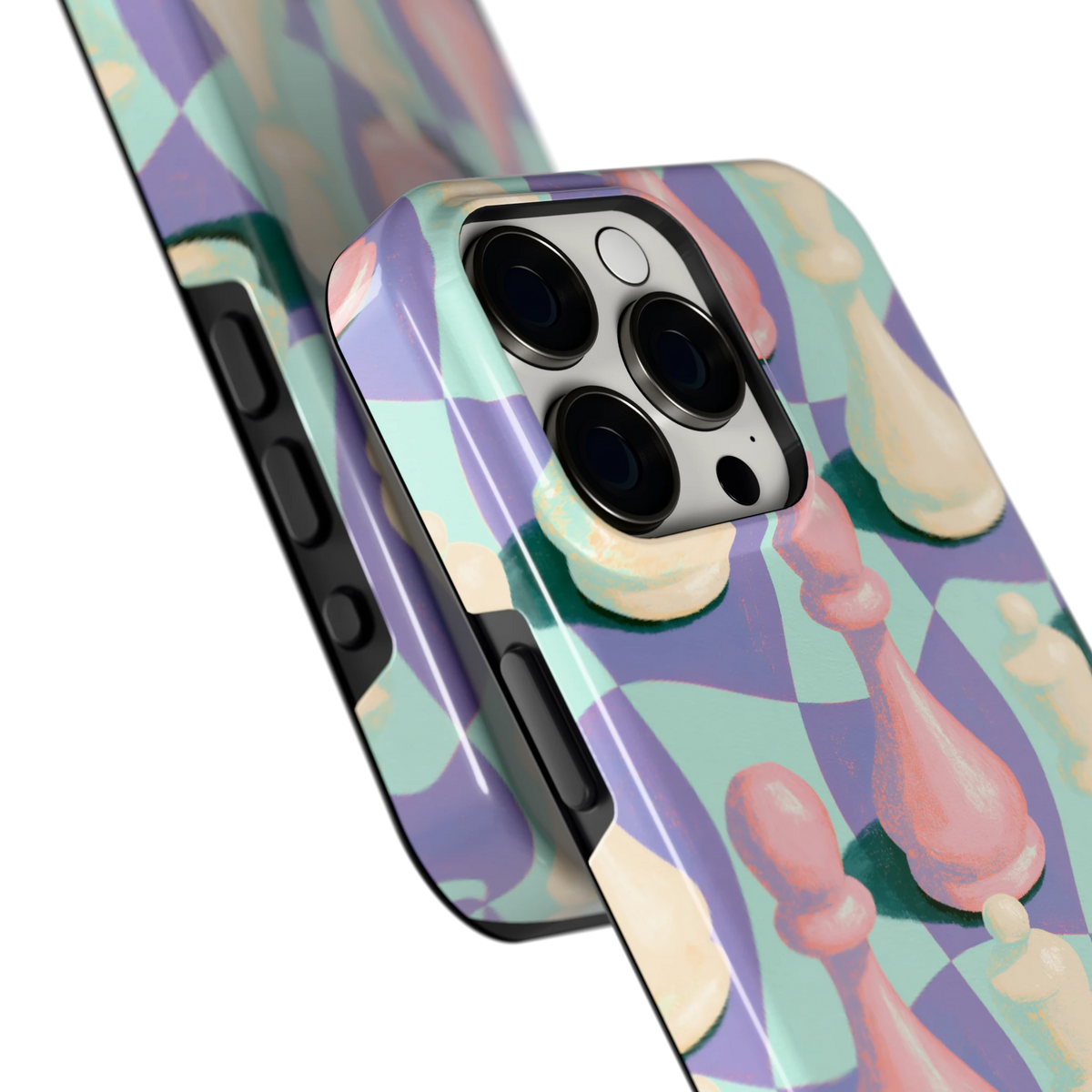 Pastel Schaakstukken hoesje voor iPhone 15 Pro Max, close-up