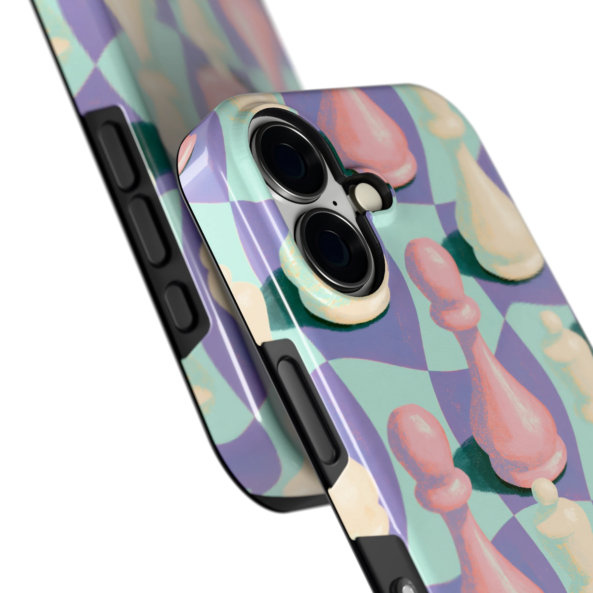 Pastel Schaakstukken hoesje voor iPhone 16, close-up