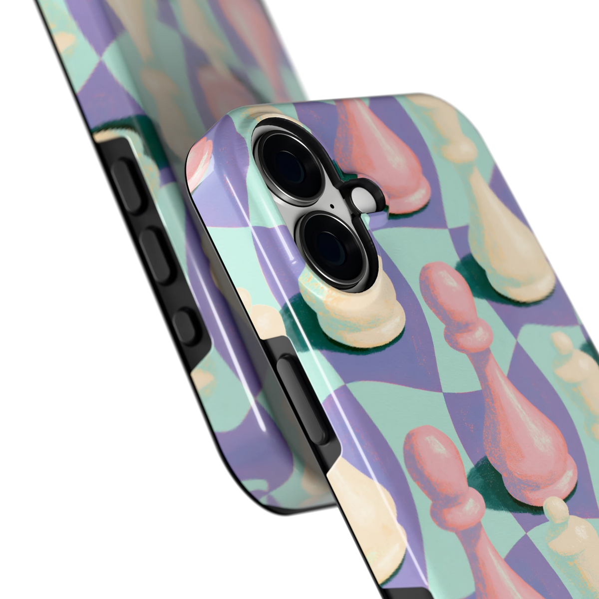 Pastel Schaakstukken hoesje voor iPhone 16 Plus, close-up