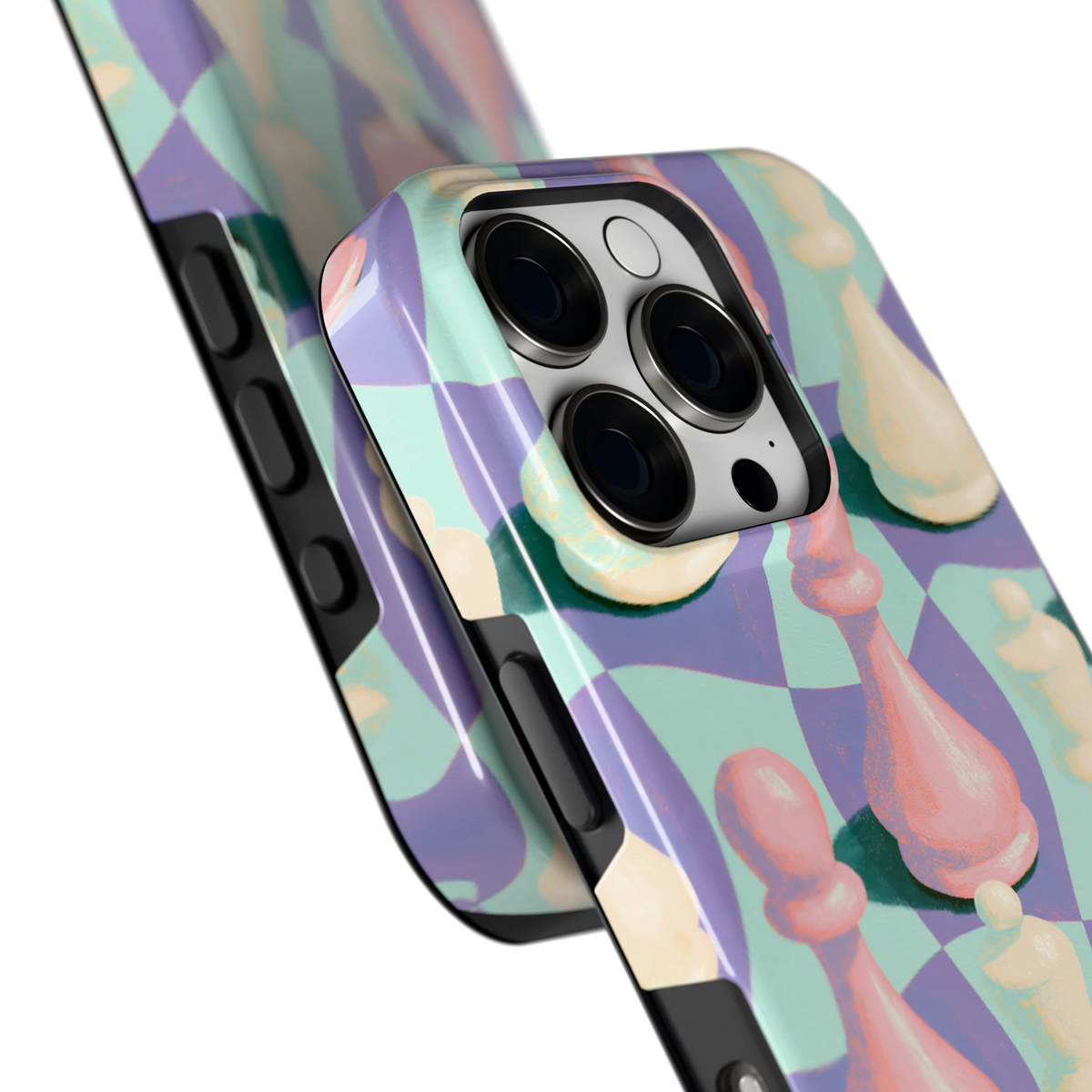 Pastel Schaakstukken hoesje voor iPhone 16 Pro, close-up